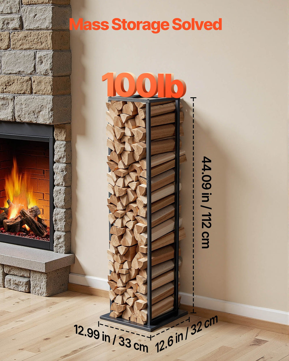 VEVOR Indoor Firewood Rack, 33 × 32 × 112 cm Log Stacker Holder, Holds up to 45kg, Tall Wood Storage Stand, Powder-Coated Steel Firewood Holder, Heavy Duty Wood Pile Rack for Fireplace