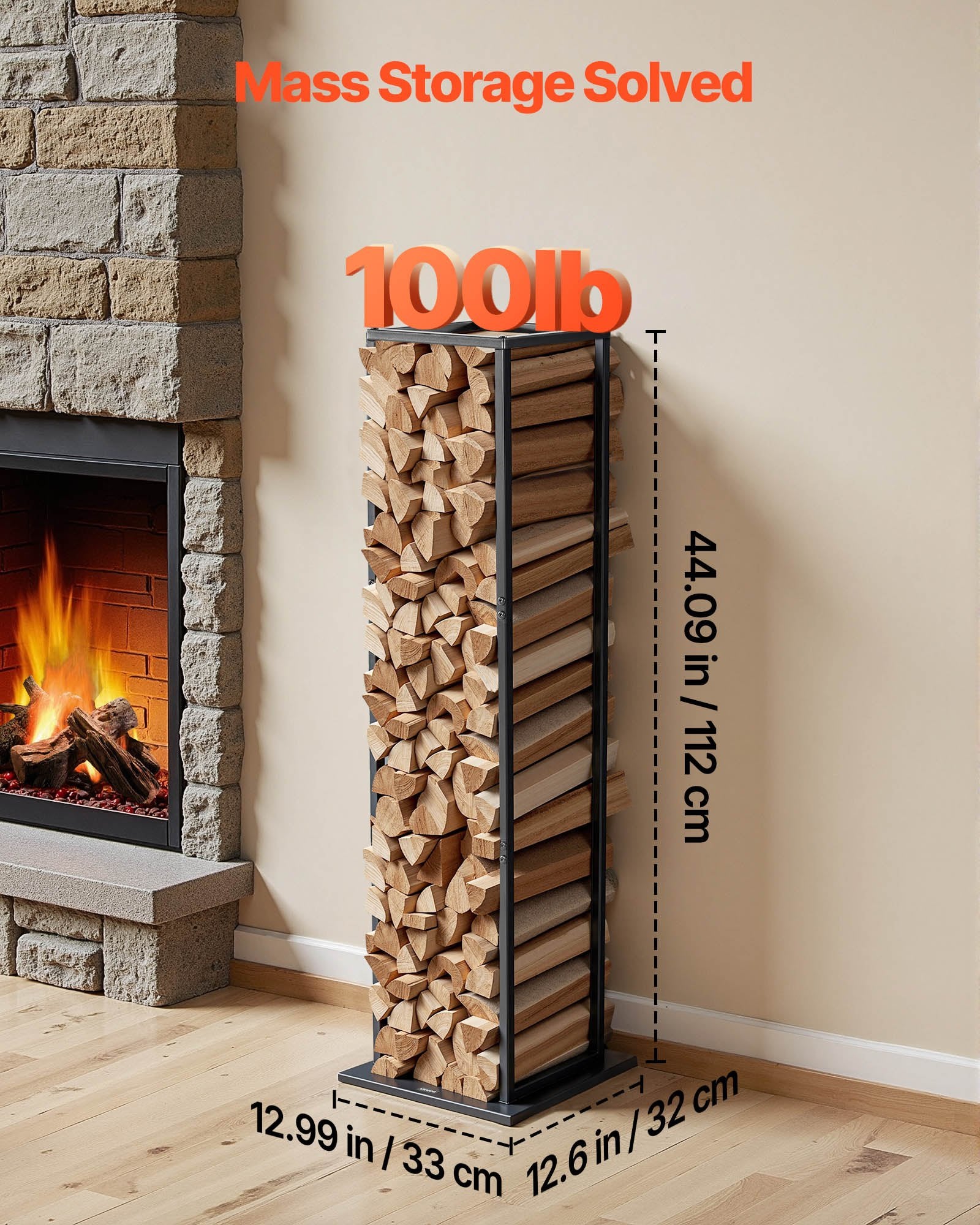 VEVOR Indoor Firewood Rack, 33 × 32 × 112 cm Log Stacker Holder, Holds up to 45kg, Tall Wood Storage Stand, Powder-Coated Steel Firewood Holder, Heavy Duty Wood Pile Rack for Fireplace