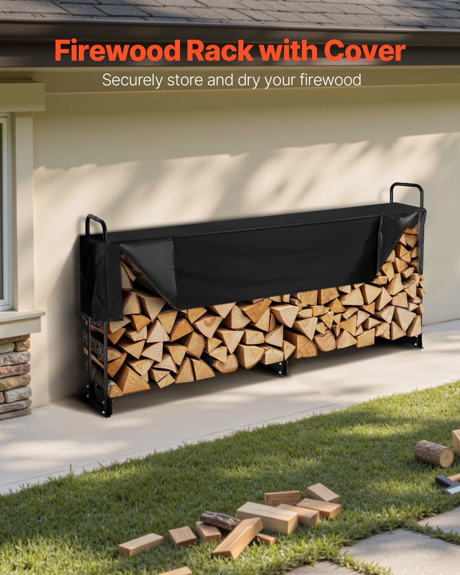VEVOR 2.4m Outdoor Firewood Rack with Cover, 244 cm x 36 cm x 117 cm, Heavy Duty Firewood Holder & 600D Oxford Waterproof Cover for Fireplace, Patio, Indoor/Outdoor Log Storage Rack for 1/2 Cord of Firewood