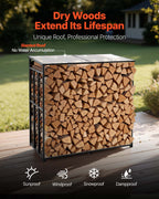 VEVOR Firewood Rack with Sloped Roof, 143cm Outdoor Firewood Holder, 1/4 Cord Log Storage Shed, 299kg Max Weight Capacity, Powder-Coated Metal Wood Storage Rack for Fireplace Deck Backyard Garden