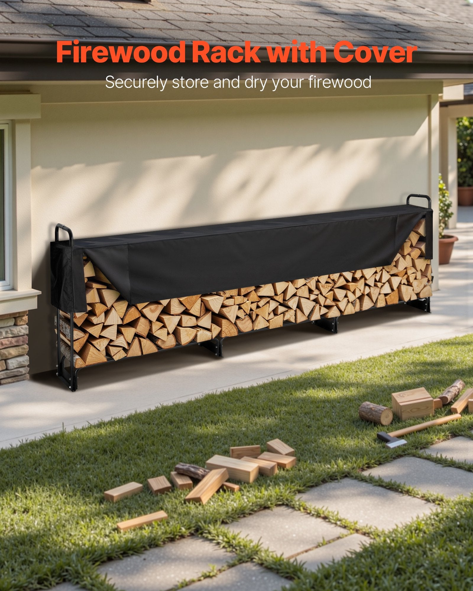 VEVOR 3.9m Outdoor Firewood Rack with Cover, 386 cm x 36 cm x 117 cm, Heavy Duty Firewood Holder & 600D Oxford Waterproof Cover for Fireplace, Patio, Indoor/Outdoor Log Storage Rack for 3/4 Cord of Firewood
