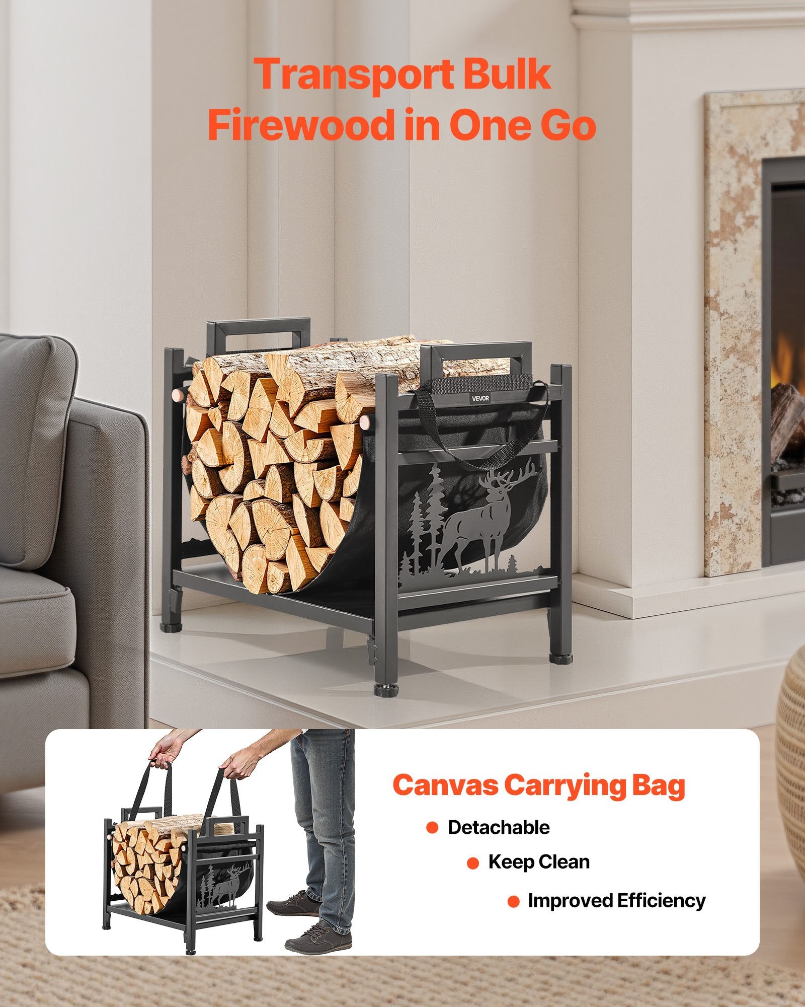 VEVOR Indoor Firewood Rack, 45cm Curved Log Holder with Canvas Carrier, 18kg Weight Capacity Wood Storage Stand, Powder-Coated Steel Firewood Holder, Heavy Duty Wood Pile Stacker Rack for Fireplace
