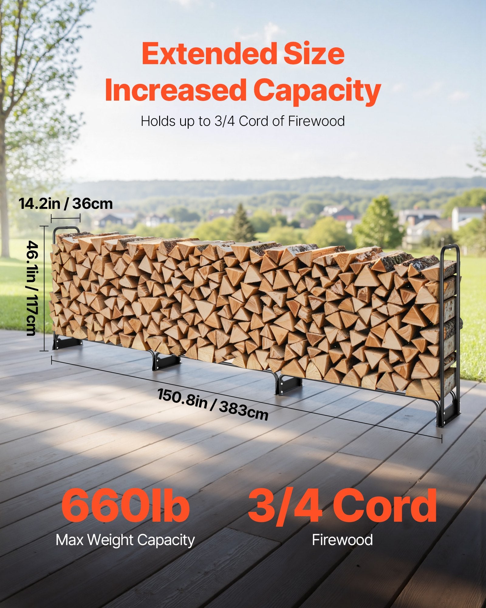 VEVOR 3.9m Outdoor Firewood Rack with Cover, 386 cm x 36 cm x 117 cm, Heavy Duty Firewood Holder & 600D Oxford Waterproof Cover for Fireplace, Patio, Indoor/Outdoor Log Storage Rack for 3/4 Cord of Firewood