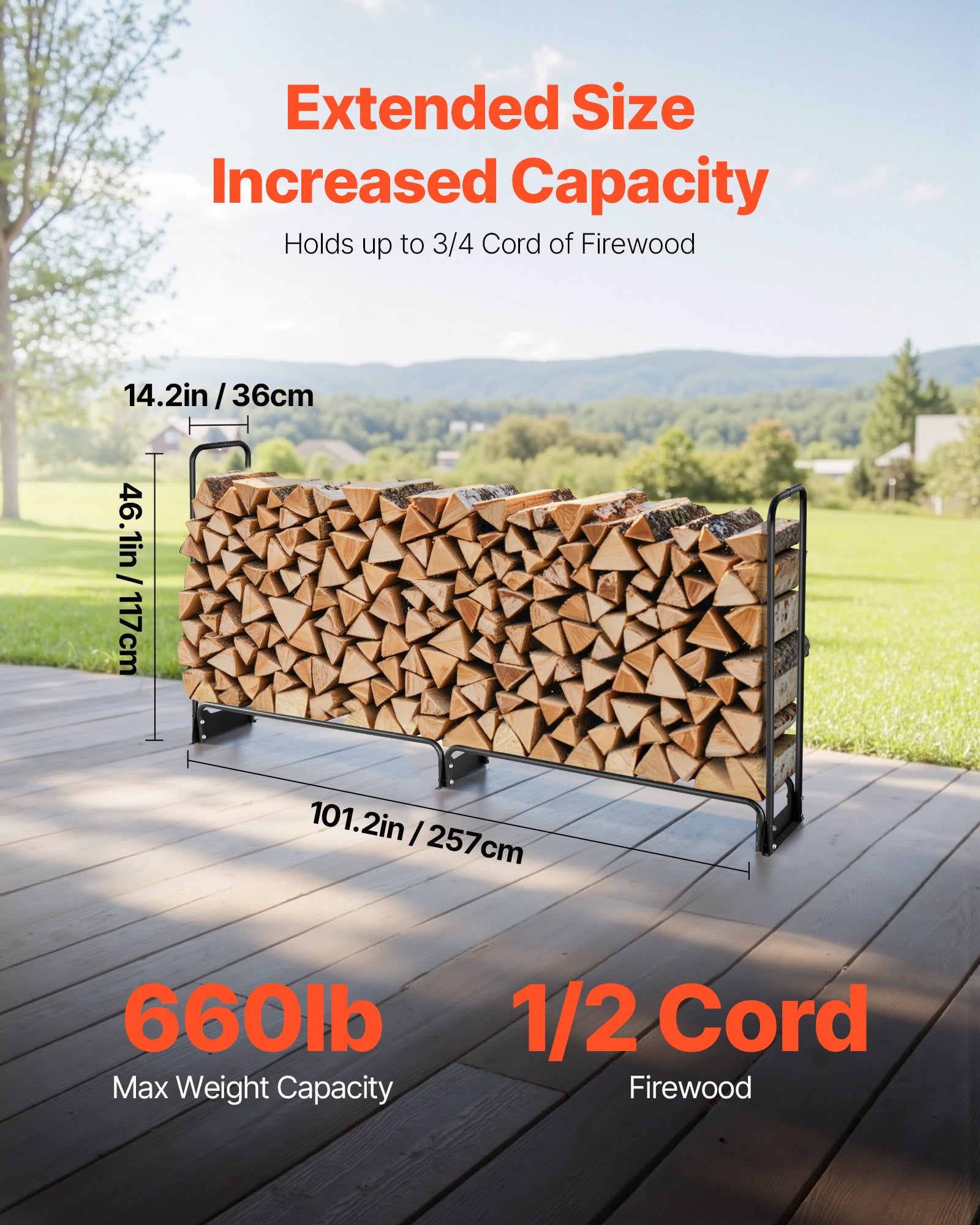 VEVOR 2.4m Outdoor Firewood Rack with Cover, 244 cm x 36 cm x 117 cm, Heavy Duty Firewood Holder & 600D Oxford Waterproof Cover for Fireplace, Patio, Indoor/Outdoor Log Storage Rack for 1/2 Cord of Firewood