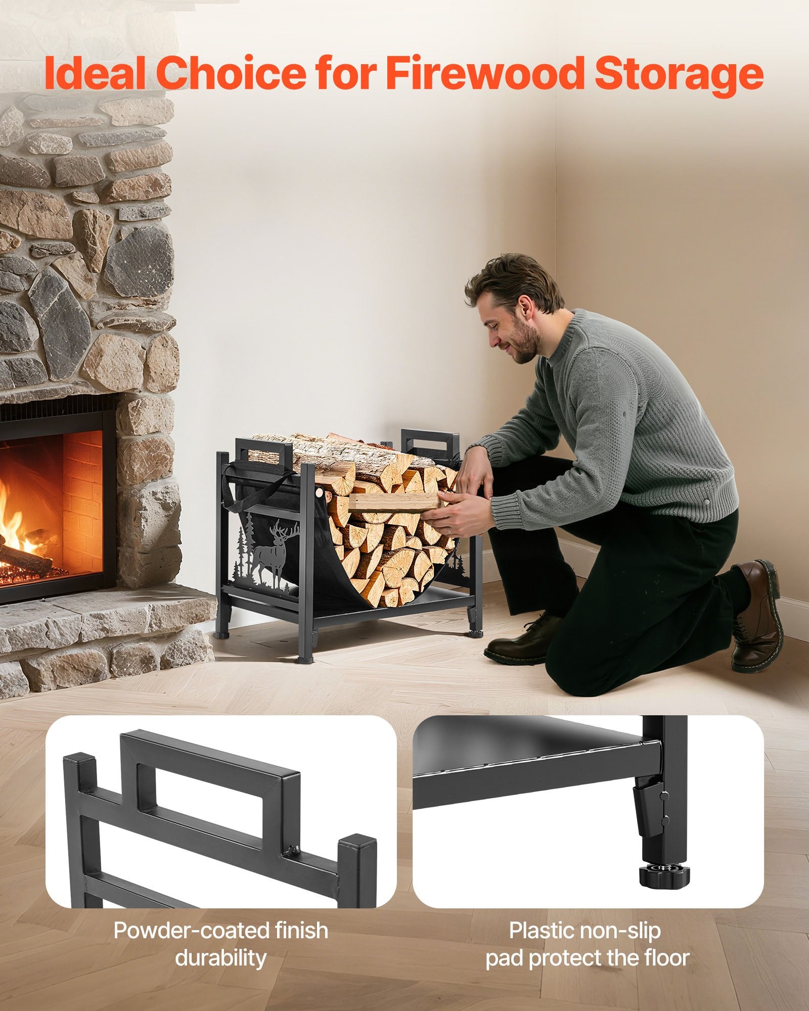 VEVOR Indoor Firewood Rack, 45cm Curved Log Holder with Canvas Carrier, 18kg Weight Capacity Wood Storage Stand, Powder-Coated Steel Firewood Holder, Heavy Duty Wood Pile Stacker Rack for Fireplace