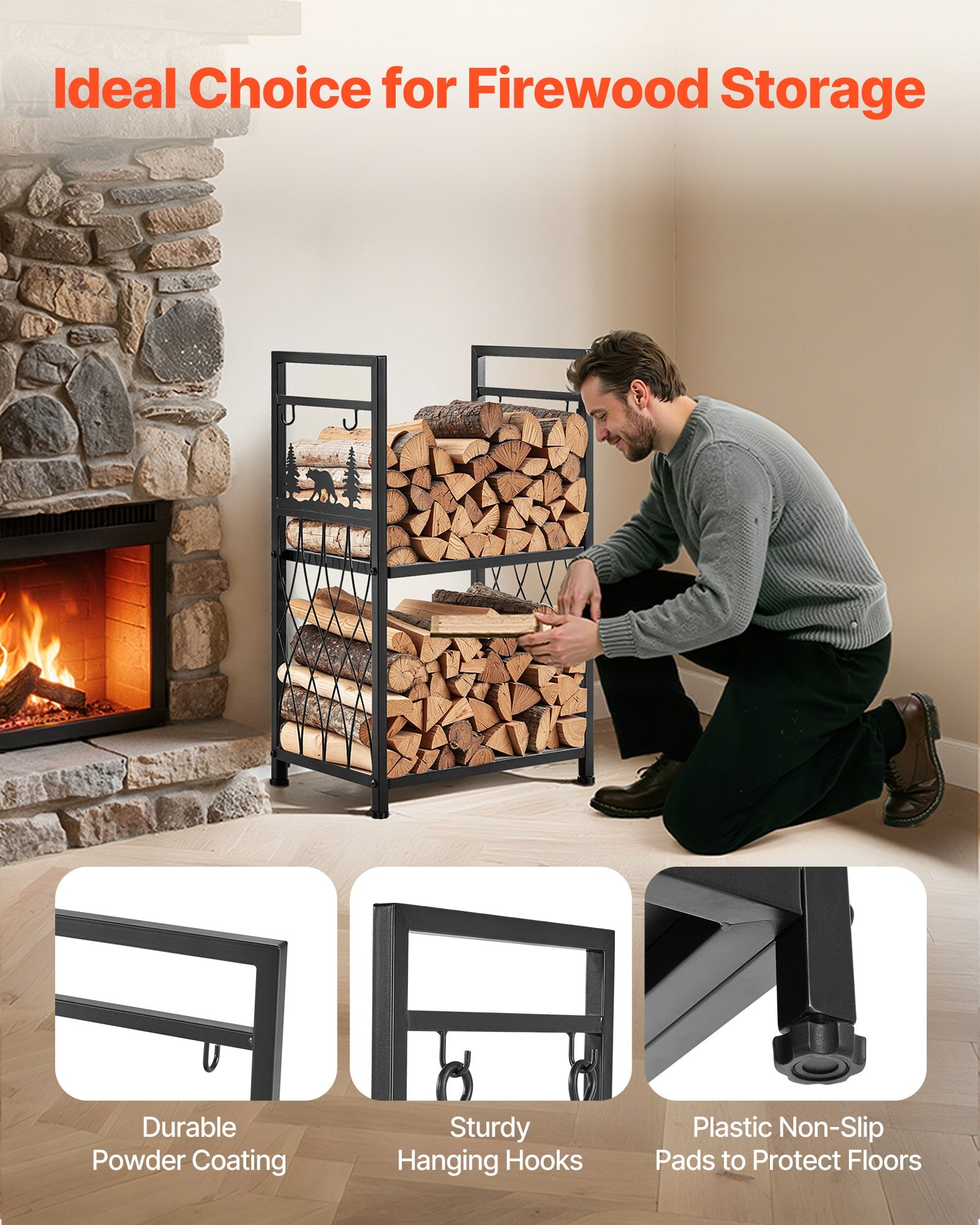 VEVOR Indoor Firewood Rack, 45.5cm 2-Tier Firewood Holder with Fireplace Tools, Brush, Shovel, Poker, Tongs, Heavy Duty Log Wood Rack, 400 lbs Weight Capacity, Wood Pile Storage Stacker for Fire Pit