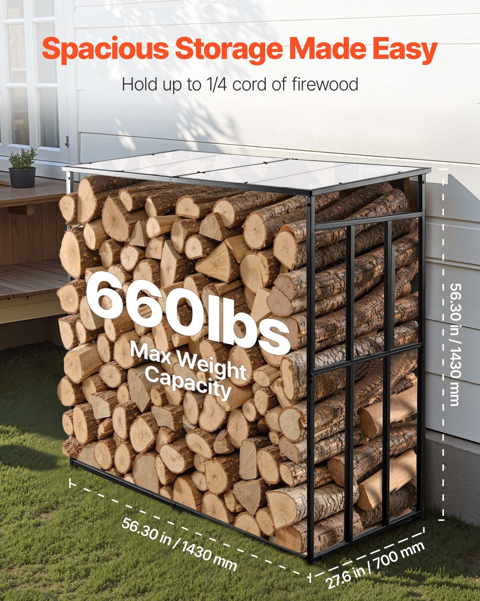 VEVOR Firewood Rack with Sloped Roof, 143cm Outdoor Firewood Holder, 1/4 Cord Log Storage Shed, 299kg Max Weight Capacity, Powder-Coated Metal Wood Storage Rack for Fireplace Deck Backyard Garden