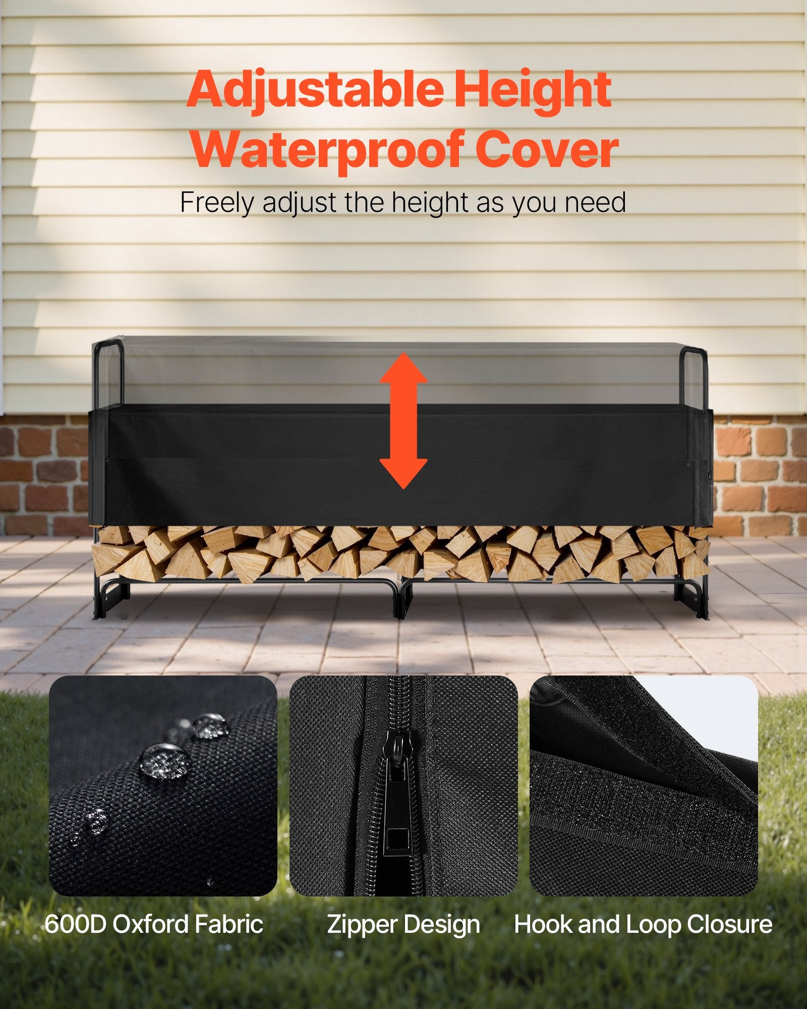 VEVOR 2.4m Outdoor Firewood Rack with Cover, 244 cm x 36 cm x 117 cm, Heavy Duty Firewood Holder & 600D Oxford Waterproof Cover for Fireplace, Patio, Indoor/Outdoor Log Storage Rack for 1/2 Cord of Firewood