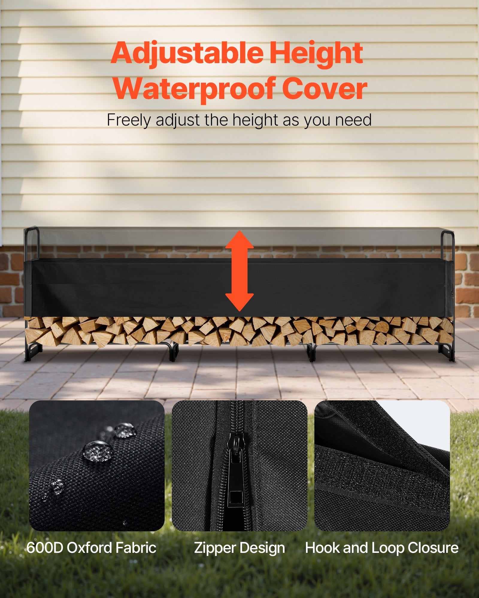 VEVOR 3.9m Outdoor Firewood Rack with Cover, 386 cm x 36 cm x 117 cm, Heavy Duty Firewood Holder & 600D Oxford Waterproof Cover for Fireplace, Patio, Indoor/Outdoor Log Storage Rack for 3/4 Cord of Firewood