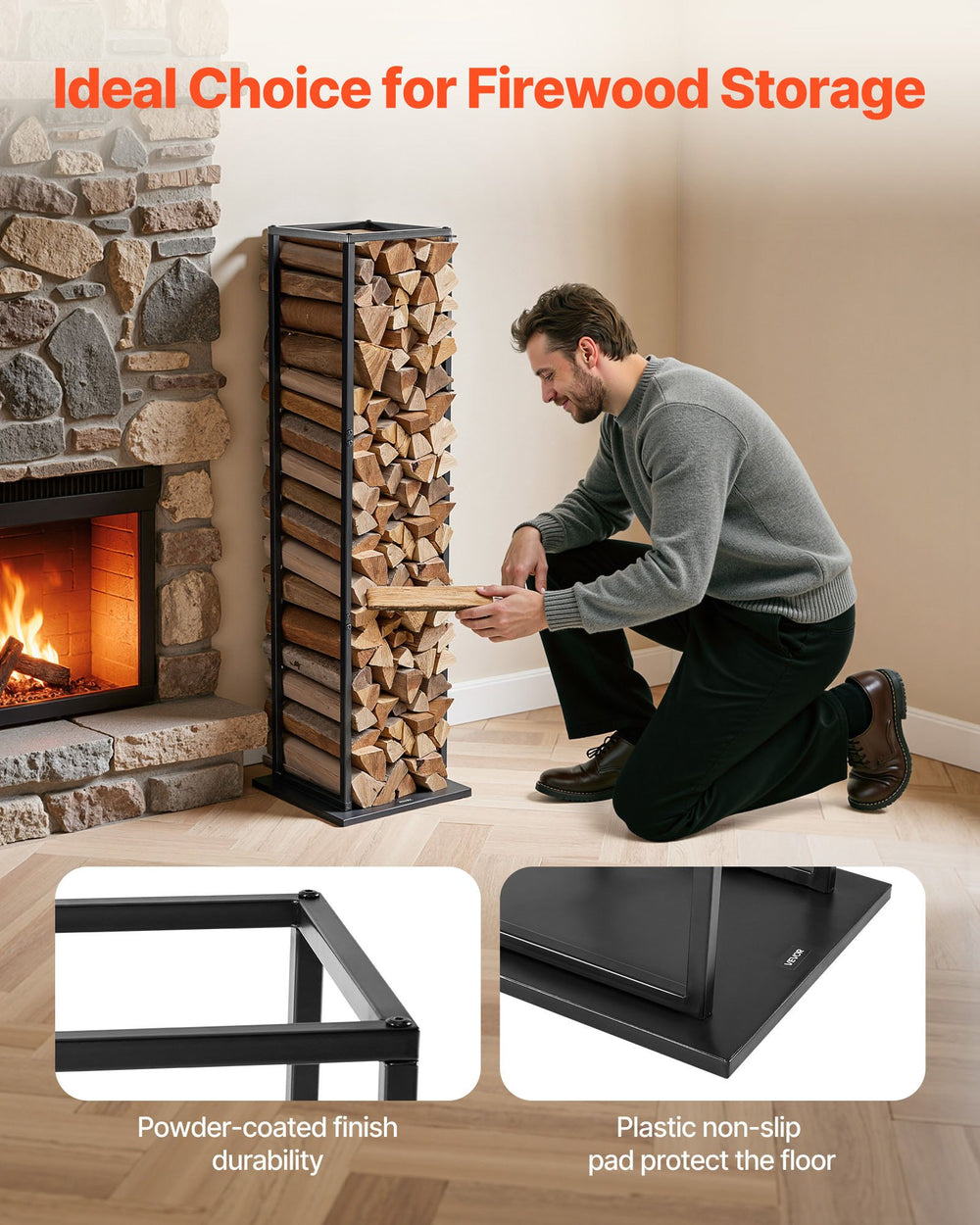 VEVOR Indoor Firewood Rack, 33 × 32 × 112 cm Log Stacker Holder, Holds up to 45kg, Tall Wood Storage Stand, Powder-Coated Steel Firewood Holder, Heavy Duty Wood Pile Rack for Fireplace