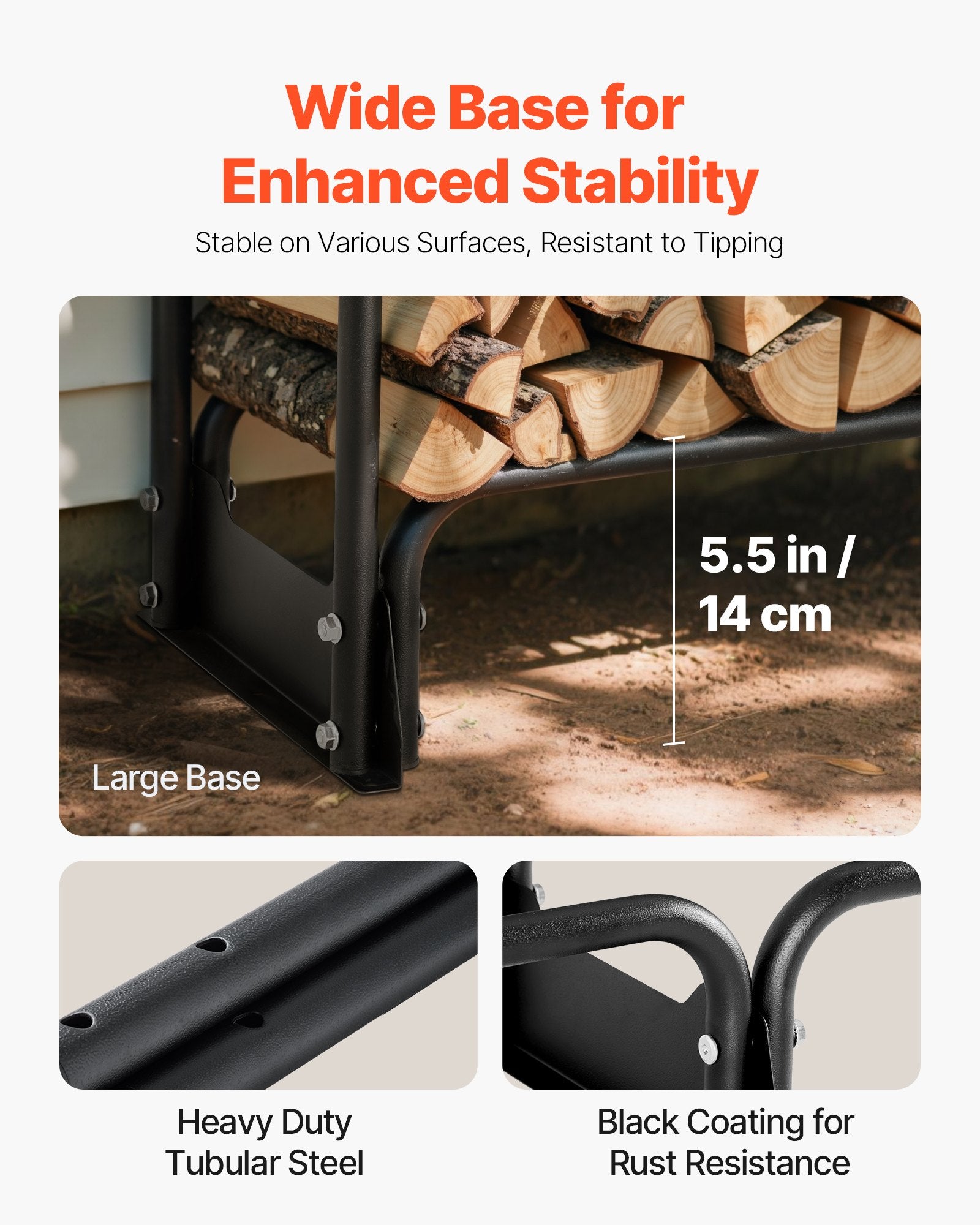 VEVOR 2.4m Outdoor Firewood Rack with Cover, 244 cm x 36 cm x 117 cm, Heavy Duty Firewood Holder & 600D Oxford Waterproof Cover for Fireplace, Patio, Indoor/Outdoor Log Storage Rack for 1/2 Cord of Firewood
