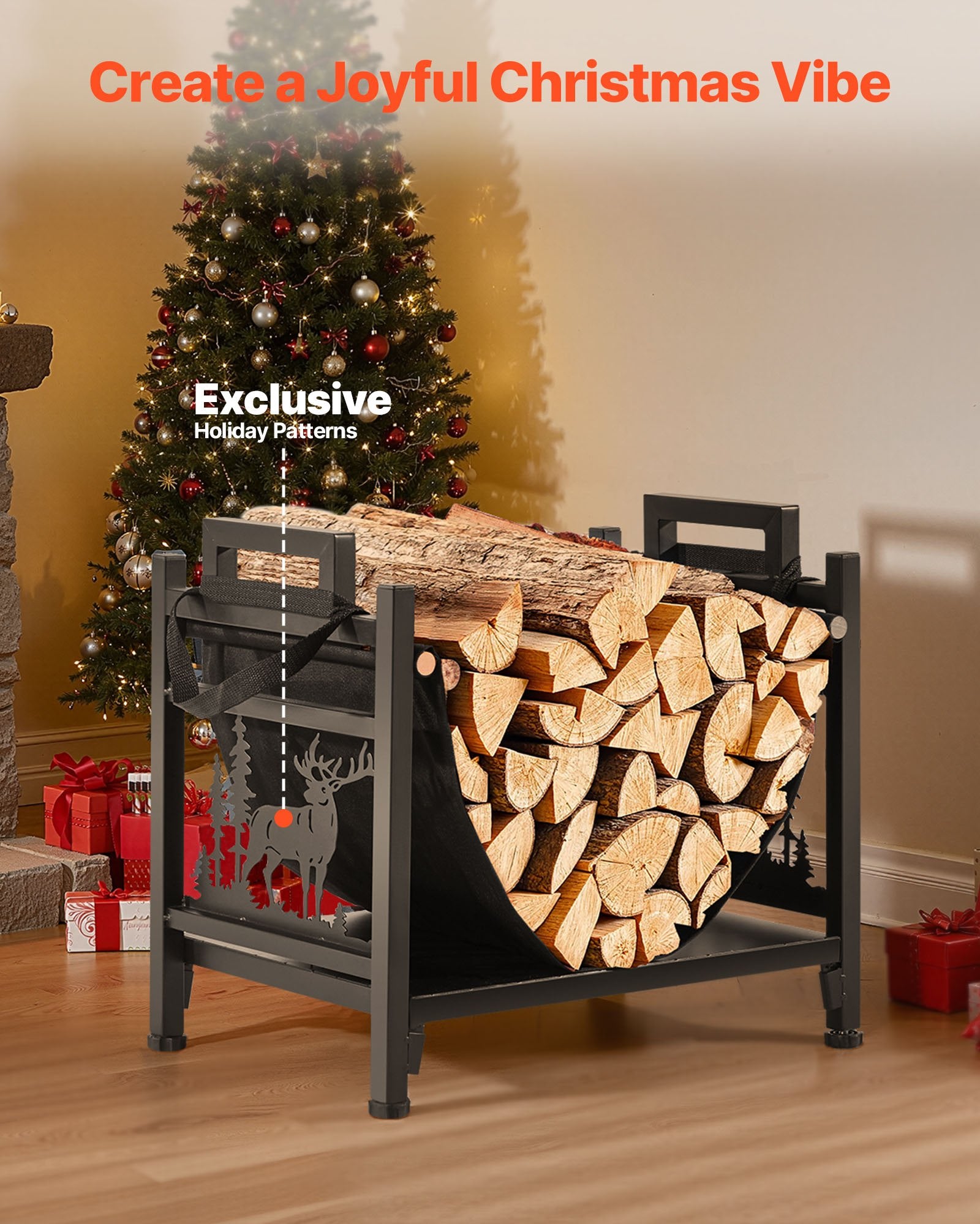 VEVOR Indoor Firewood Rack, 45cm Curved Log Holder with Canvas Carrier, 18kg Weight Capacity Wood Storage Stand, Powder-Coated Steel Firewood Holder, Heavy Duty Wood Pile Stacker Rack for Fireplace