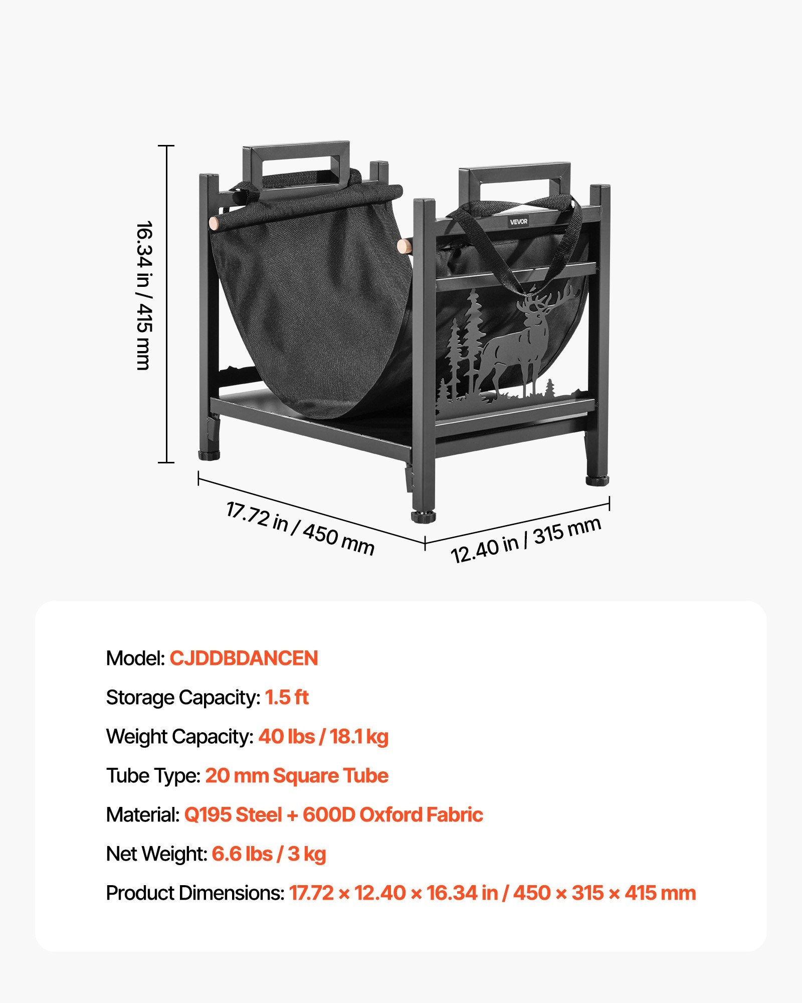 VEVOR Indoor Firewood Rack, 45cm Curved Log Holder with Canvas Carrier, 18kg Weight Capacity Wood Storage Stand, Powder-Coated Steel Firewood Holder, Heavy Duty Wood Pile Stacker Rack for Fireplace