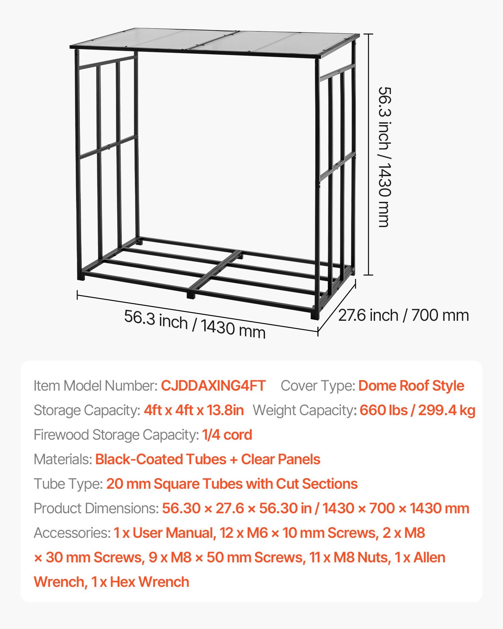 VEVOR Firewood Rack with Sloped Roof, 143cm Outdoor Firewood Holder, 1/4 Cord Log Storage Shed, 299kg Max Weight Capacity, Powder-Coated Metal Wood Storage Rack for Fireplace Deck Backyard Garden