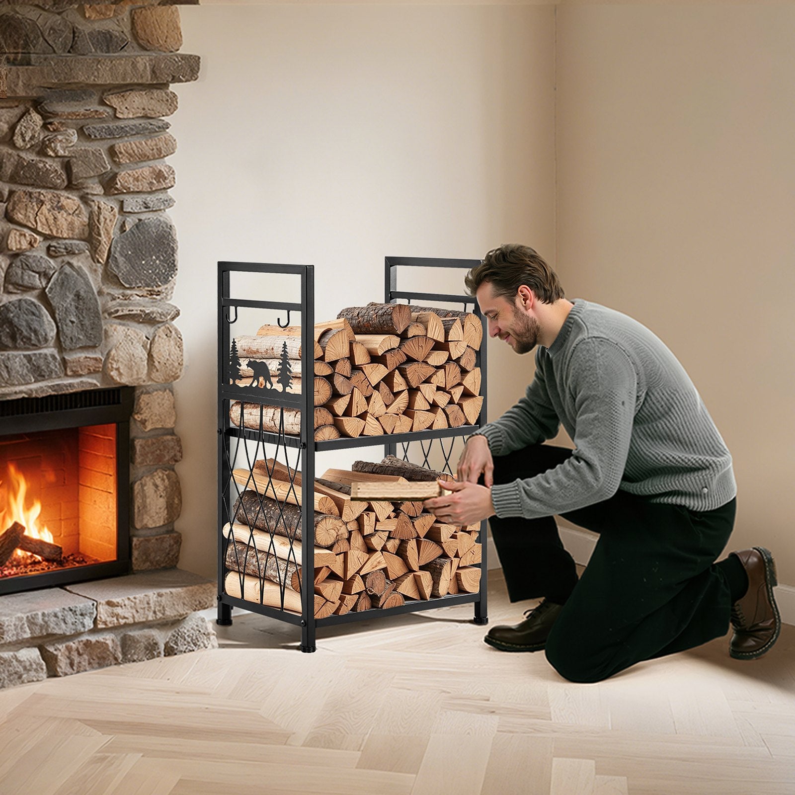 VEVOR Indoor Firewood Rack, 45.5cm 2-Tier Firewood Holder with Fireplace Tools, Brush, Shovel, Poker, Tongs, Heavy Duty Log Wood Rack, 400 lbs Weight Capacity, Wood Pile Storage Stacker for Fire Pit