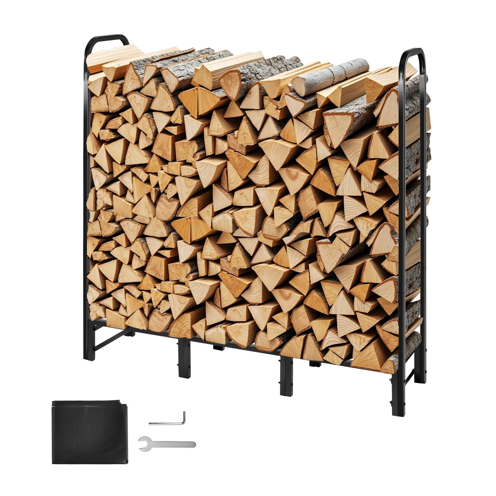 VEVOR Firewood Rack with Waterproof Cover, 1.22m Outdoor Firewood Holder, 1/4 Cord Storage Metal Log Holder, 400lb Max Weight Capacity, Full Covered, Powder-Coated Wood Storage Rack for Fireplace Deck