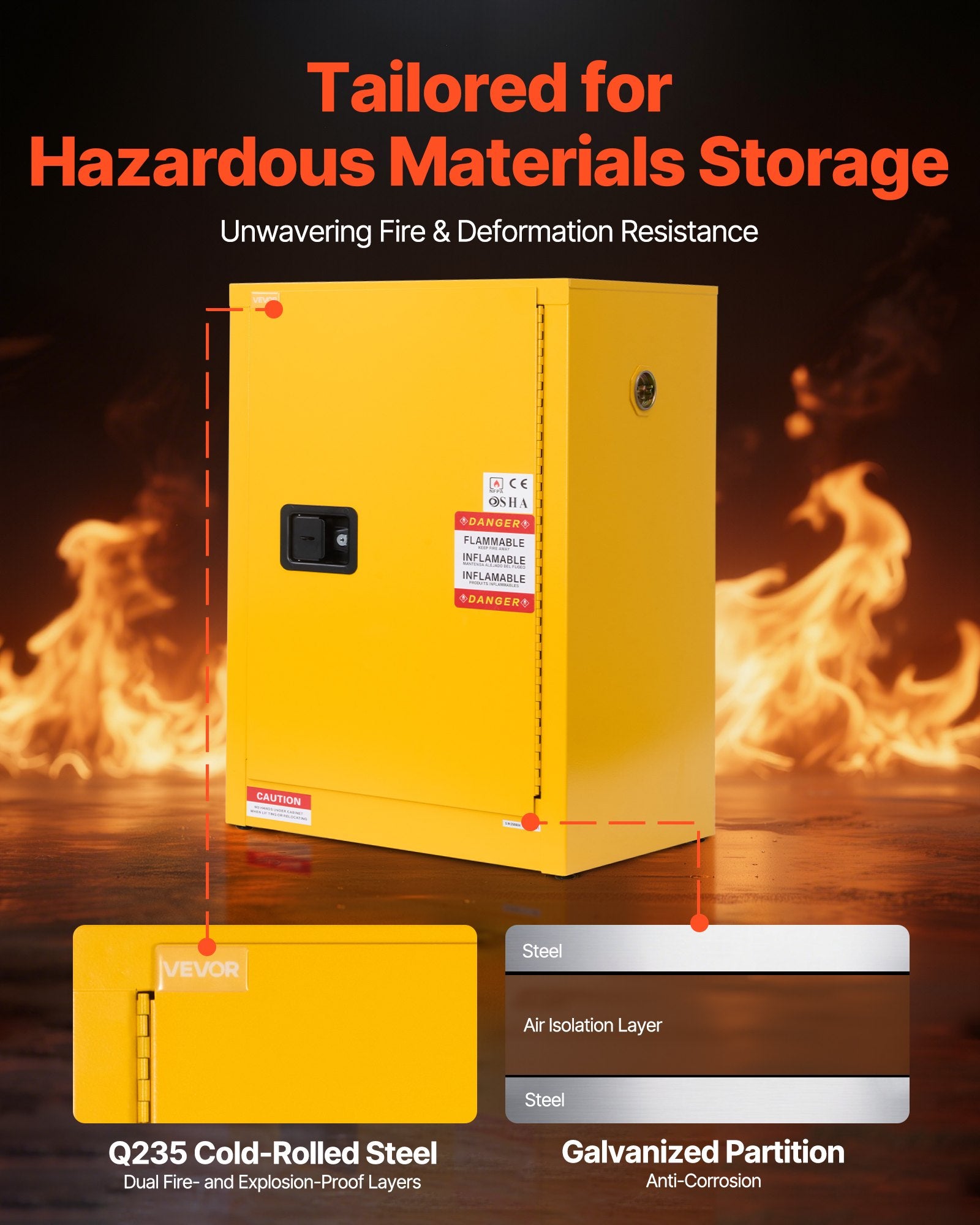 VEVOR Flammable Cabinet, 59 x 46 x 90 cm, 13 Gallon Flammable Storage Cabinet with Adjustable Shelf, Cold-Rolled and Galvanized Steel Fire Cabinets, for Commercial Industrial and Home Use, Yellow