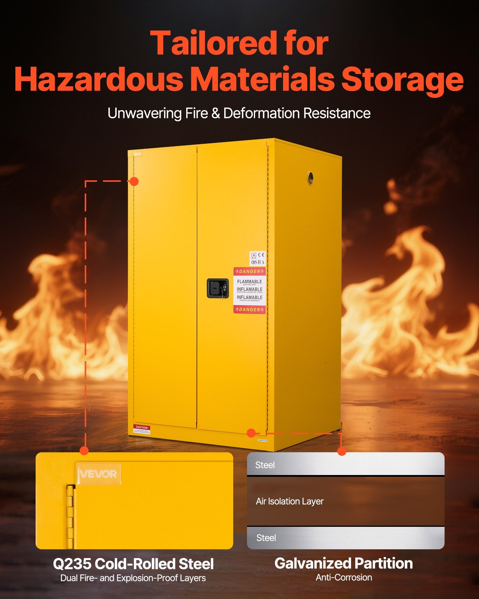 VEVOR Flammable Cabinet, 96.4 x 86.4 x 165.1 cm, 65 Gallon Flammable Storage Cabinet with Adjustable Shelf, Cold-Rolled and Galvanized Steel Fire Cabinets, for Commercial Industrial Home Use, Yellow