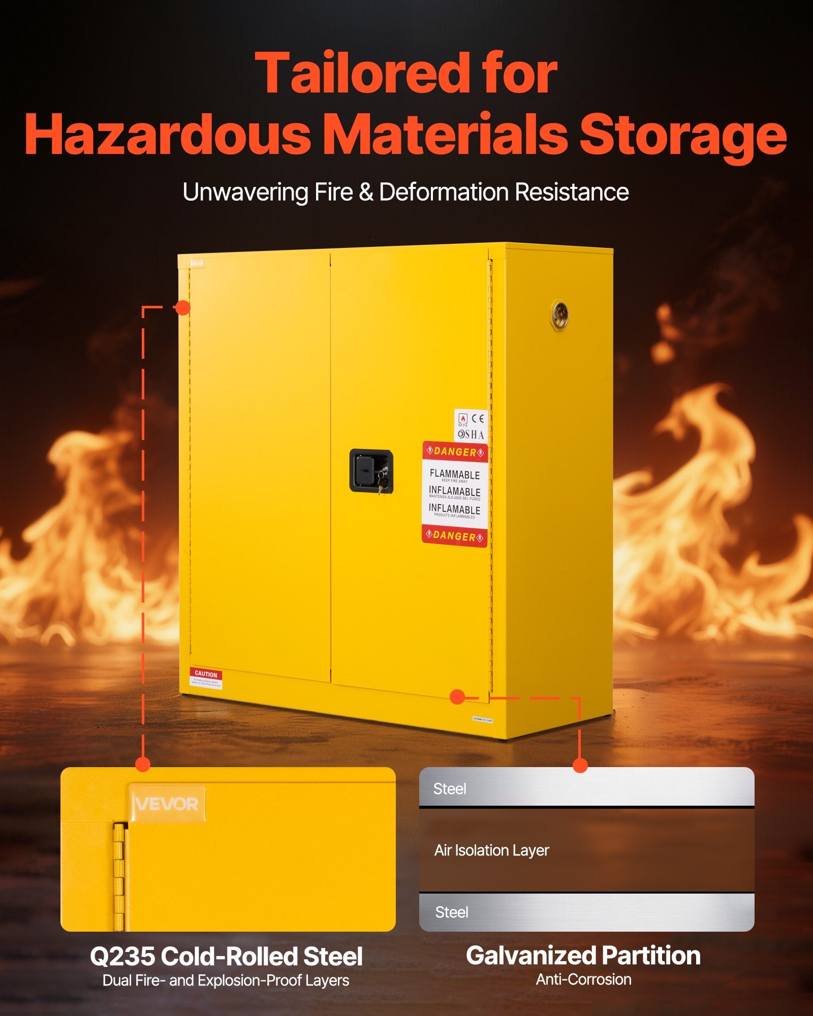 VEVOR Flammable Cabinet, 109.2 x 46 x 118 cm, 29 Gallon Flammable Storage Cabinet with Adjustable Shelf, Cold-Rolled and Galvanized Steel Fire Cabinets, for Commercial Industrial and Home Use, Yellow