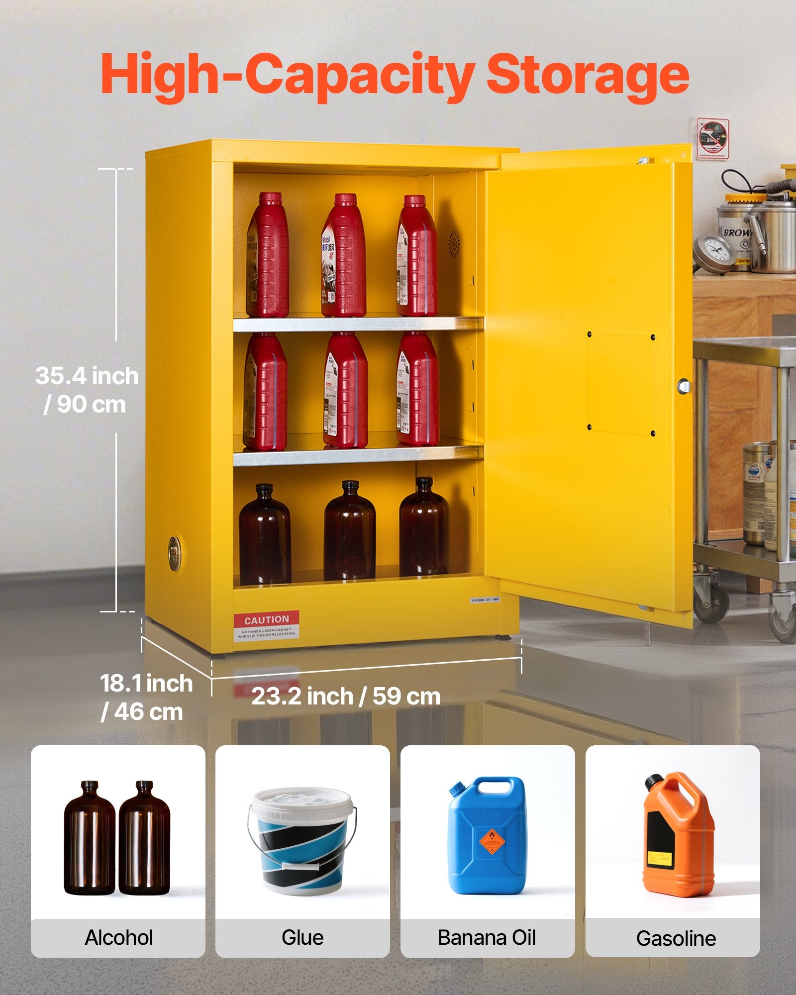 VEVOR Flammable Cabinet, 59 x 46 x 90 cm, 13 Gallon Flammable Storage Cabinet with Adjustable Shelf, Cold-Rolled and Galvanized Steel Fire Cabinets, for Commercial Industrial and Home Use, Yellow