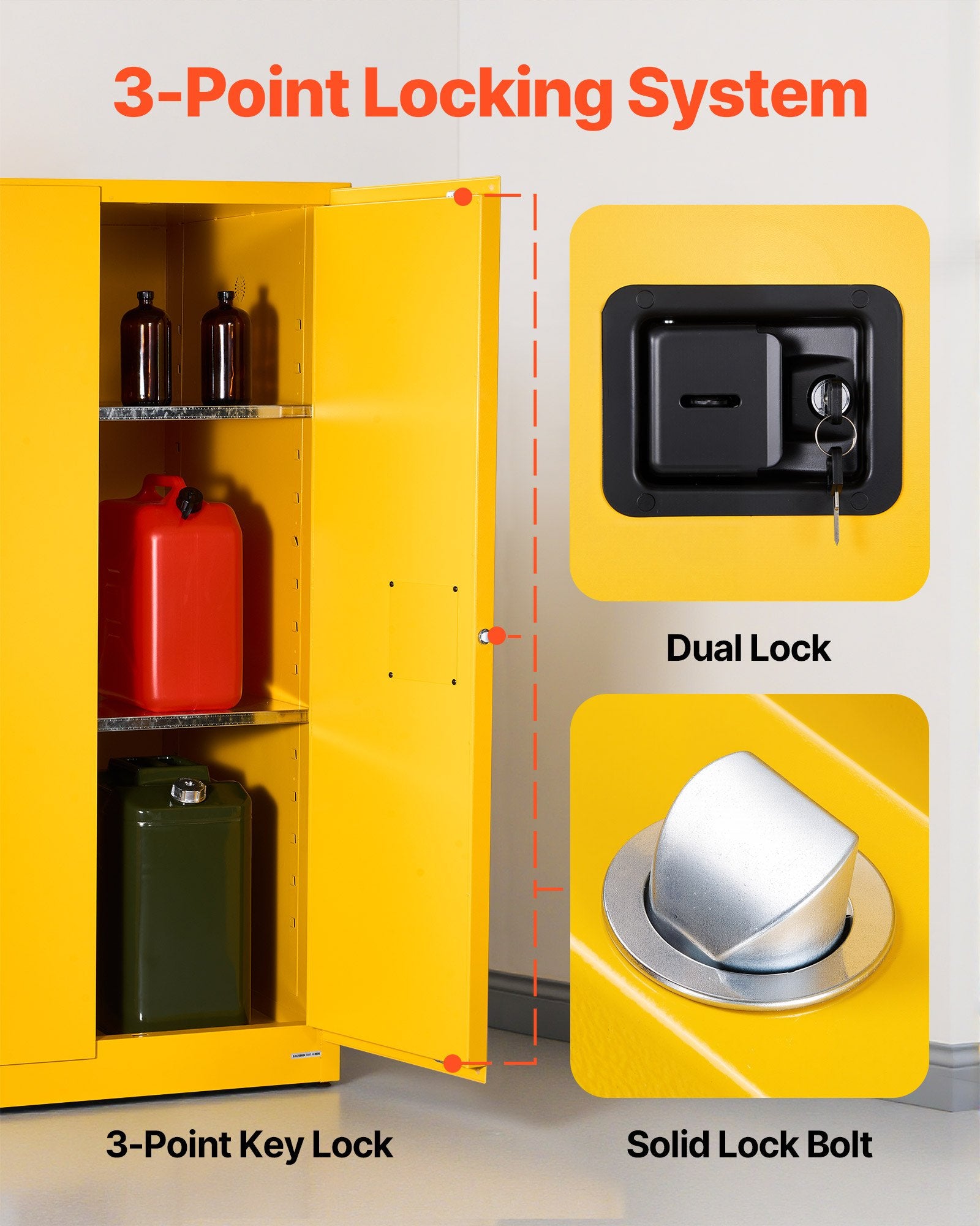 VEVOR Flammable Cabinet, 96.4 x 86.4 x 165.1 cm, 65 Gallon Flammable Storage Cabinet with Adjustable Shelf, Cold-Rolled and Galvanized Steel Fire Cabinets, for Commercial Industrial Home Use, Yellow