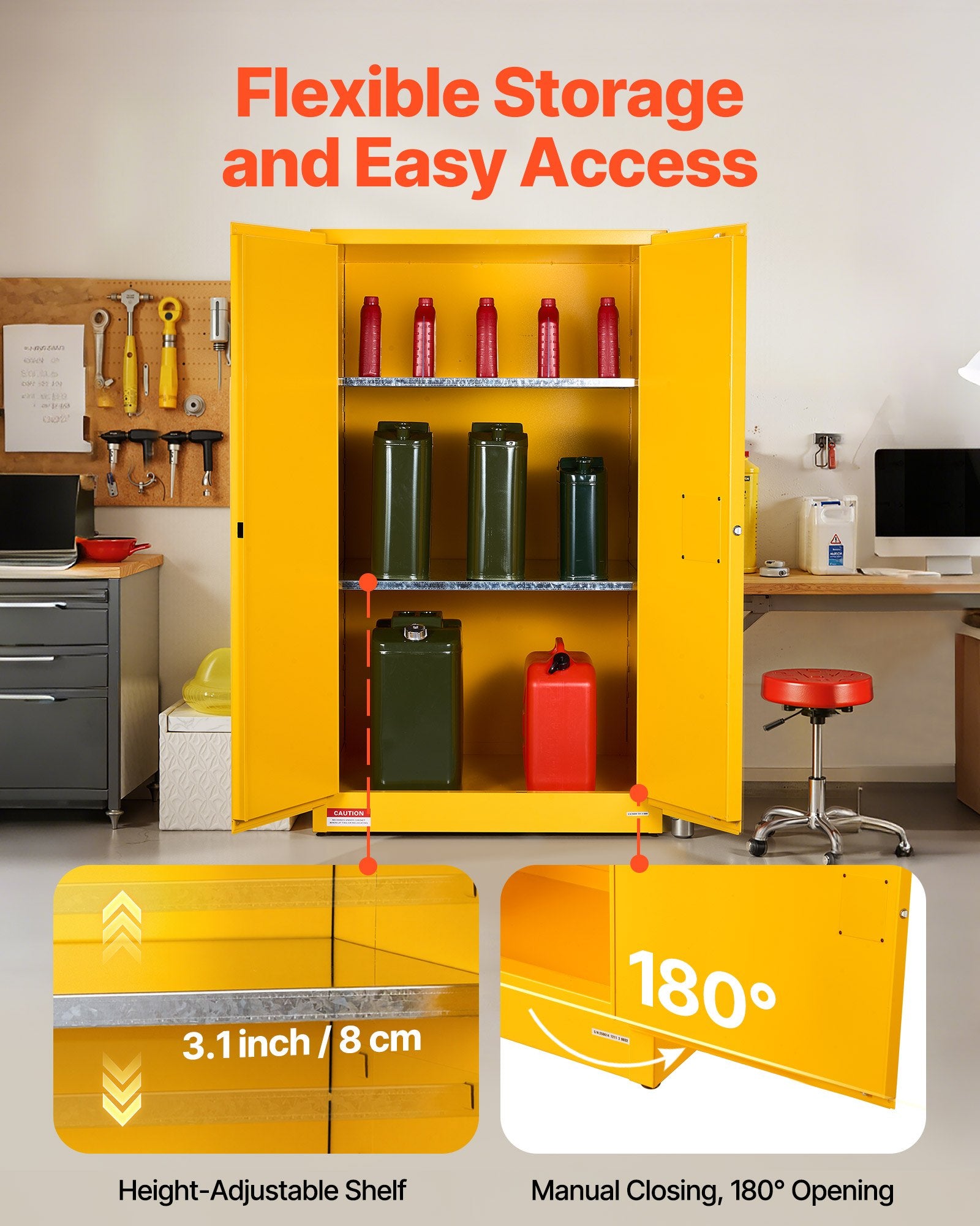 VEVOR Flammable Cabinet, 96.4 x 86.4 x 165.1 cm, 65 Gallon Flammable Storage Cabinet with Adjustable Shelf, Cold-Rolled and Galvanized Steel Fire Cabinets, for Commercial Industrial Home Use, Yellow