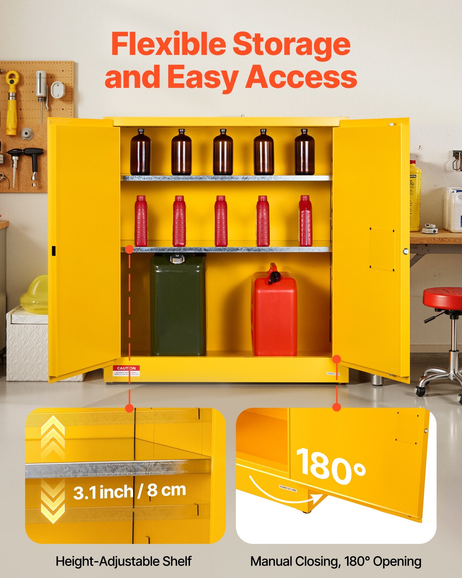 VEVOR Flammable Cabinet, 109.2 x 46 x 118 cm, 29 Gallon Flammable Storage Cabinet with Adjustable Shelf, Cold-Rolled and Galvanized Steel Fire Cabinets, for Commercial Industrial and Home Use, Yellow