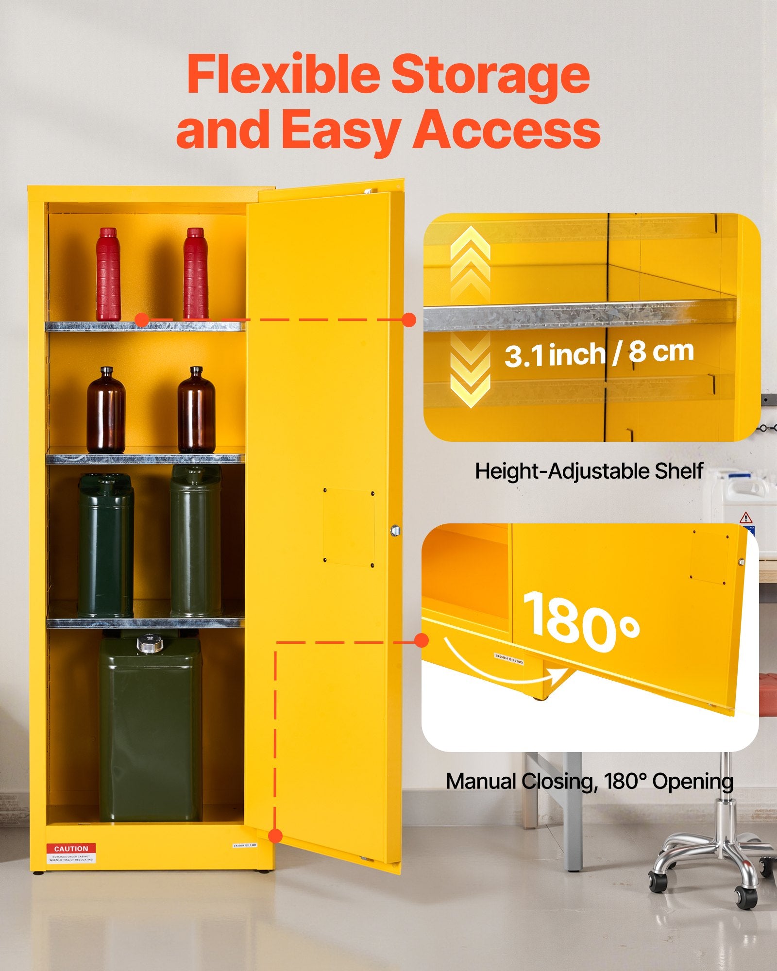 VEVOR Flammable Cabinet, 59 x 46 x 165.1 cm, 23 Gallon Flammable Storage Cabinet with Adjustable Shelf, Cold-Rolled and Galvanized Steel Fire Cabinets, for Commercial Industrial and Home Use, Yellow