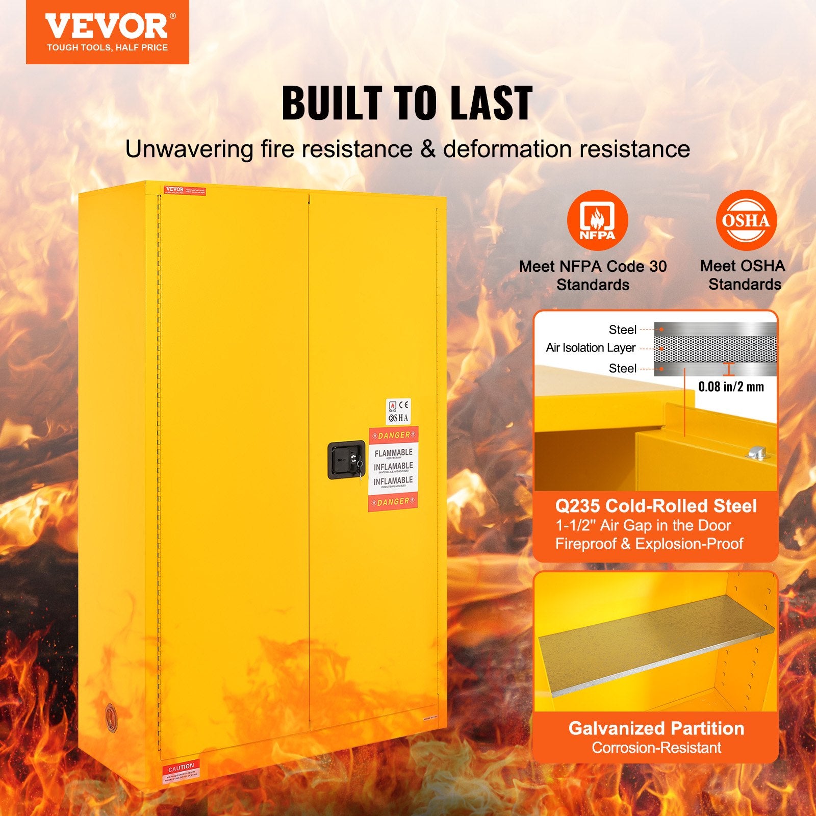 VEVOR Flammable Safety Cabinet, 170.3 L, Cold-Rolled Steel Flammable Liquid Storage Cabinet, 109 x 46 x 165.6 cm Explosion Proof with 2 Adjustable Shelves 2 Manual Doors for Industrial Use, Yellow