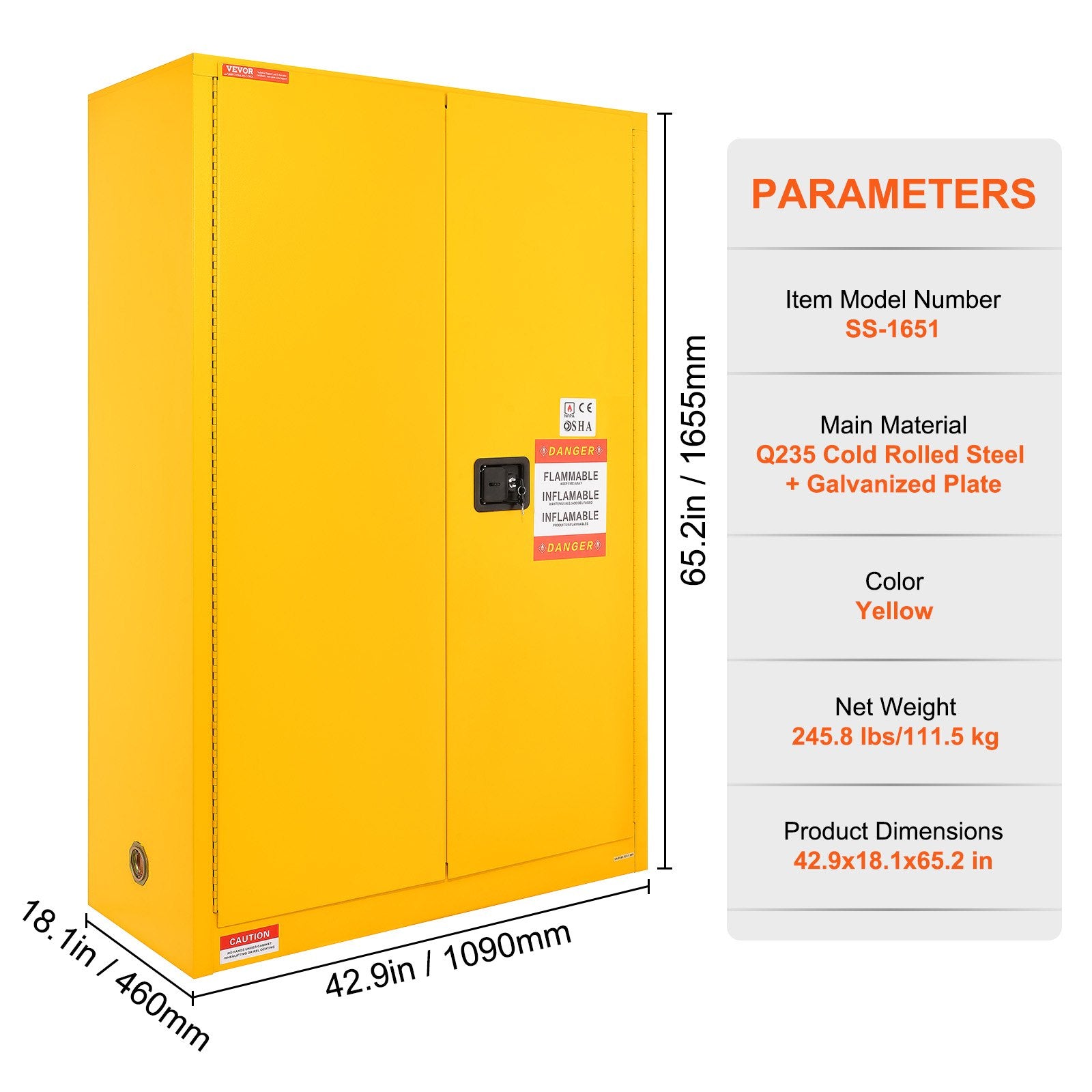 VEVOR Flammable Safety Cabinet, 170.3 L, Cold-Rolled Steel Flammable Liquid Storage Cabinet, 109 x 46 x 165.6 cm Explosion Proof with 2 Adjustable Shelves 2 Manual Doors for Industrial Use, Yellow