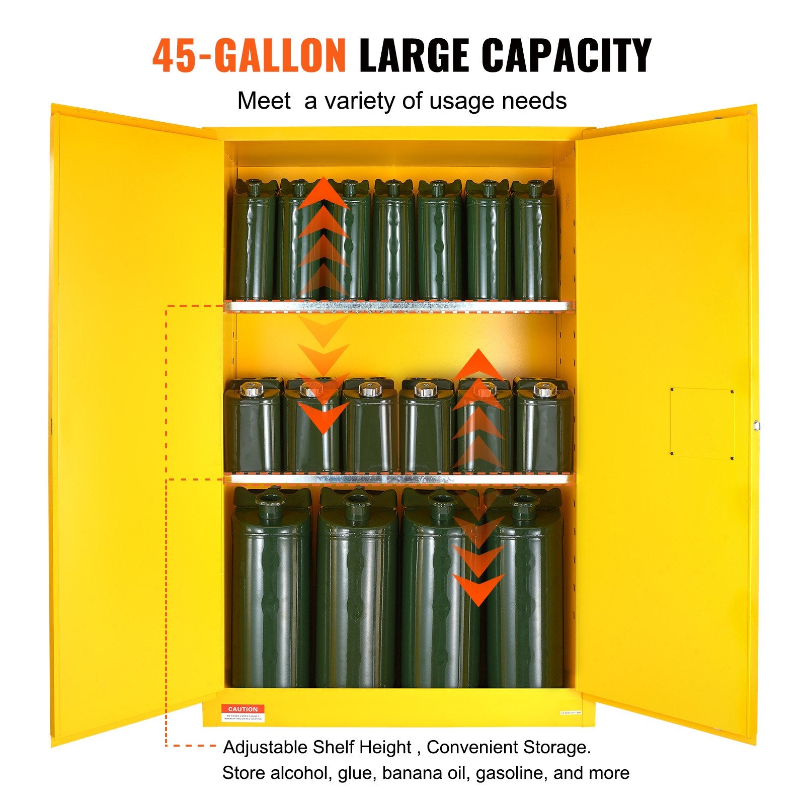VEVOR Flammable Safety Cabinet, 170.3 L, Cold-Rolled Steel Flammable Liquid Storage Cabinet, 109 x 46 x 165.6 cm Explosion Proof with 2 Adjustable Shelves 2 Manual Doors for Industrial Use, Yellow