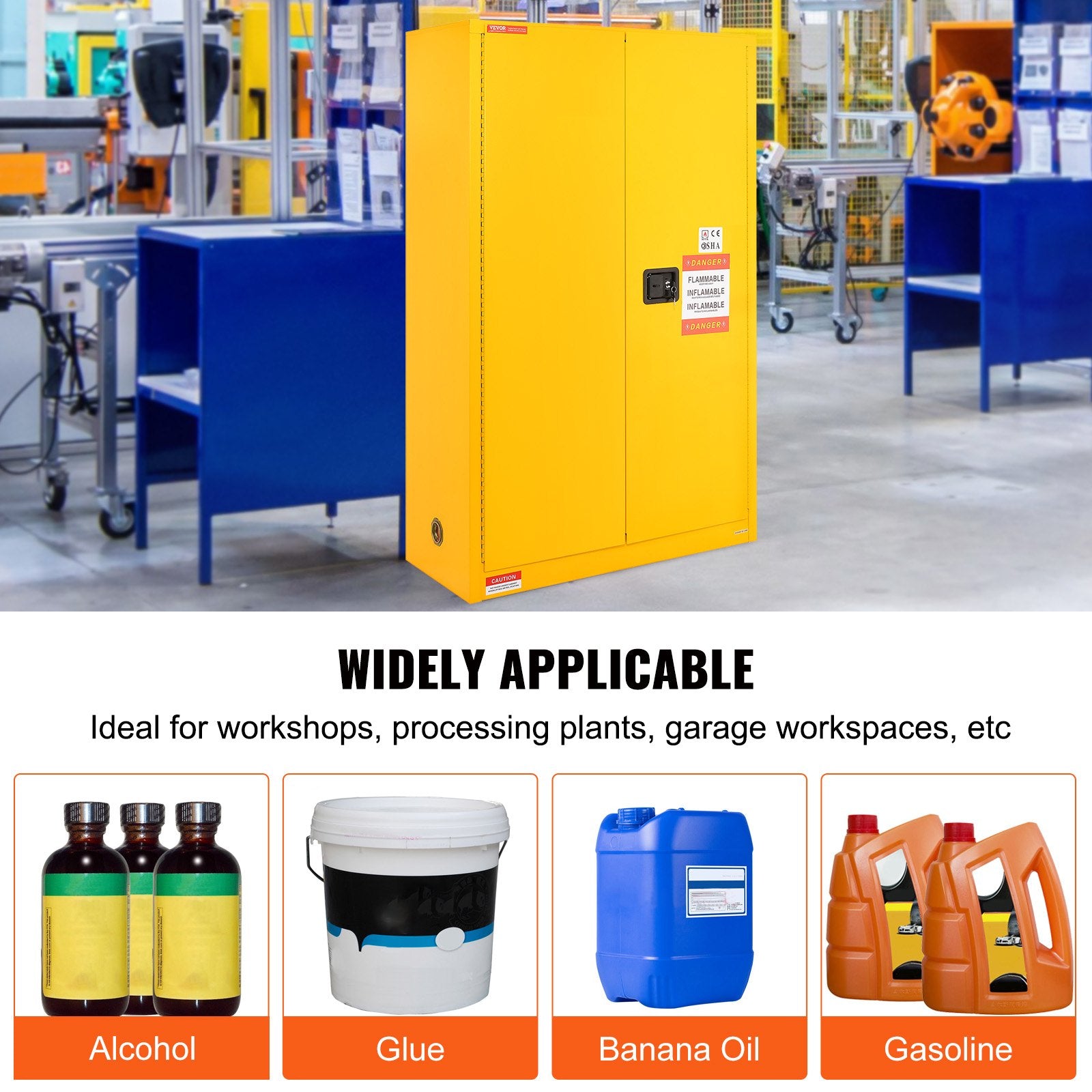 VEVOR Flammable Safety Cabinet, 170.3 L, Cold-Rolled Steel Flammable Liquid Storage Cabinet, 109 x 46 x 165.6 cm Explosion Proof with 2 Adjustable Shelves 2 Manual Doors for Industrial Use, Yellow