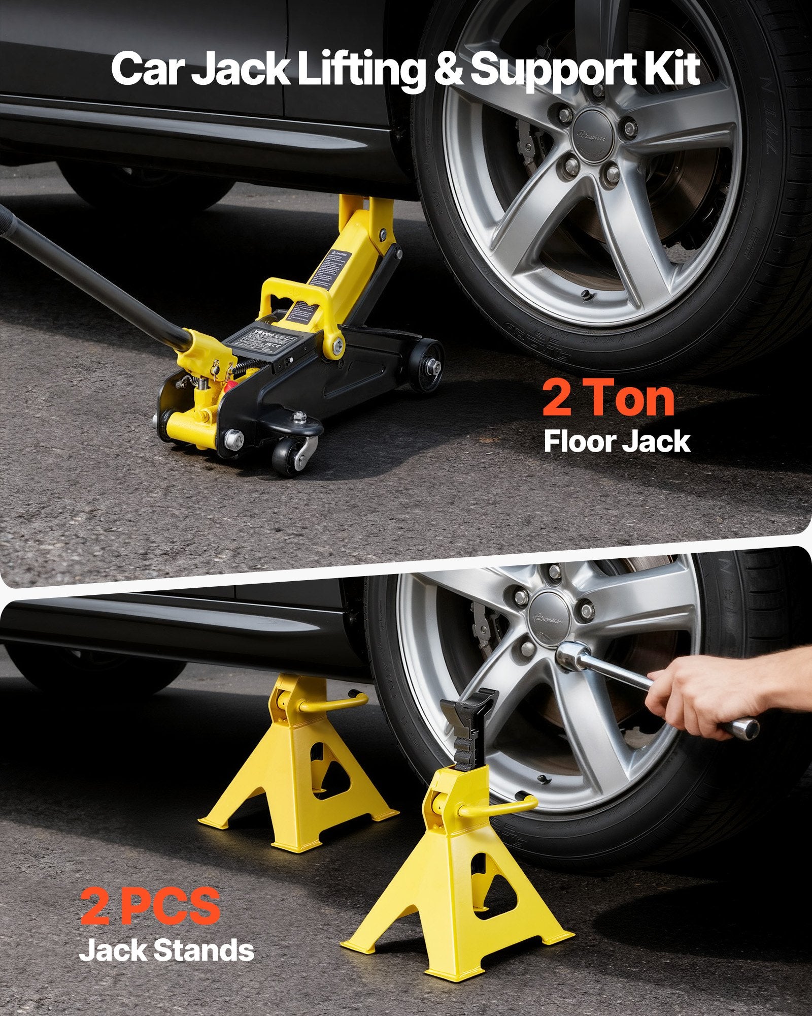 VEVOR Low Profile Floor Jack, 2 Ton Capacity, Steel Racing Floor Jack with Stands, Single Piston Quick Lift Pump, Hydraulic Trolley Car Lift for Sports Cars & Compact SUVs, Lifting Range 130-310 mm