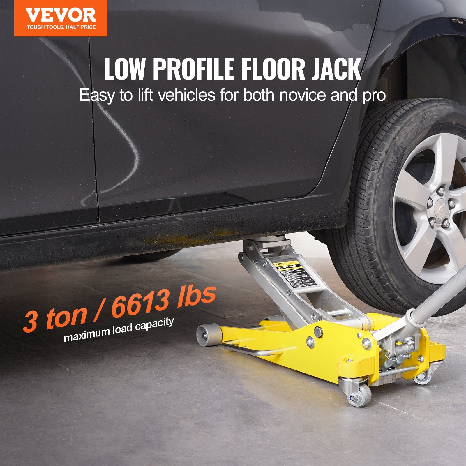 VEVOR Low Profile Floor Jack 3 Ton (6600 lbs), Heavy Duty Aluminum Hydraulic Racing Floor Jack, Hydraulic Car Jack, Dual Piston Quick Lift Pump, 3.7"-18.3" Height Lifting Range (Yellow)