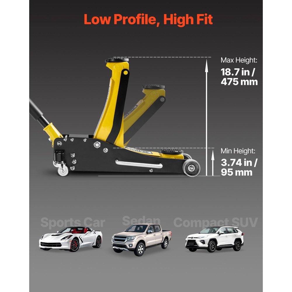 VEVOR Low Profile Floor Jack, 2.5 Ton Capacity, Aluminum & Steel Racing Floor Jack with Dual Pistons Quick Lift Pump, Hydraulic Trolley Car Lift for Sedans & Compact SUVs, Lifting Range 95-475 mm