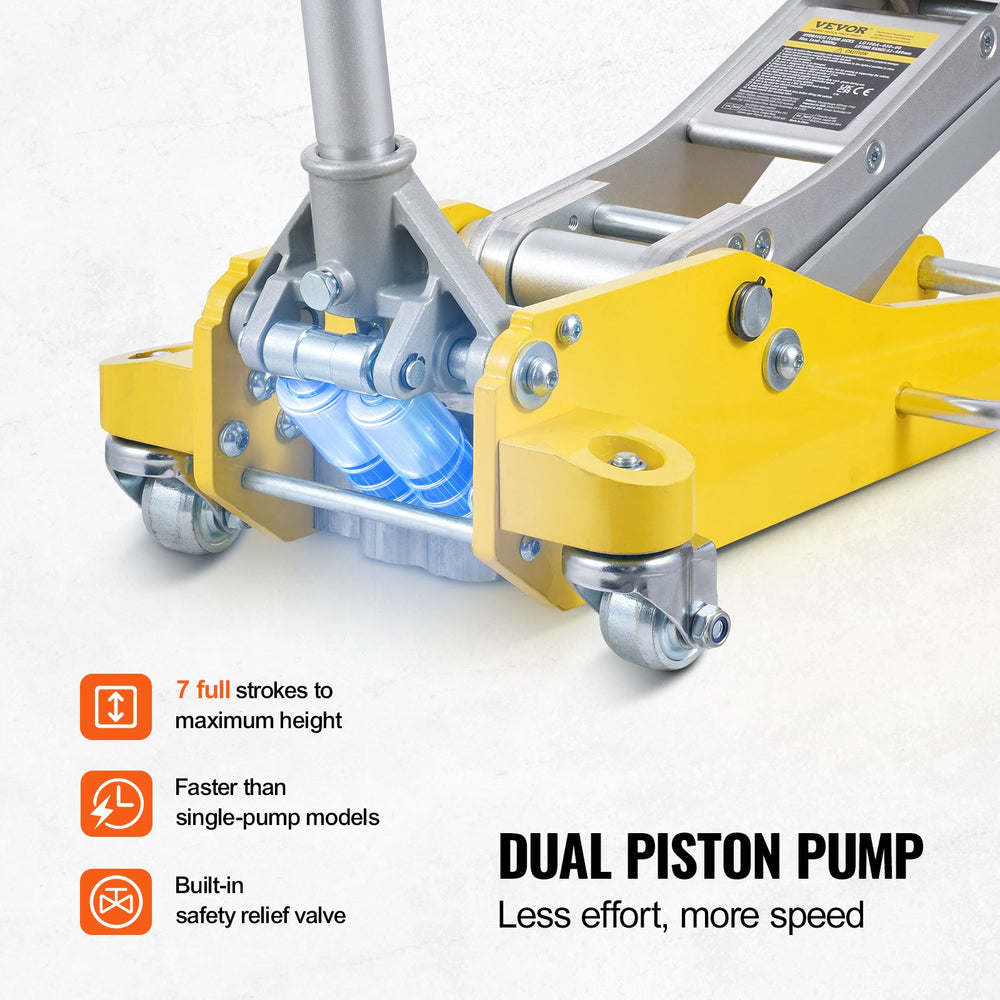 VEVOR Low Profile Floor Jack 3 Ton (6600 lbs), Heavy Duty Aluminum Hydraulic Racing Floor Jack, Hydraulic Car Jack, Dual Piston Quick Lift Pump, 3.7"-18.3" Height Lifting Range (Yellow)