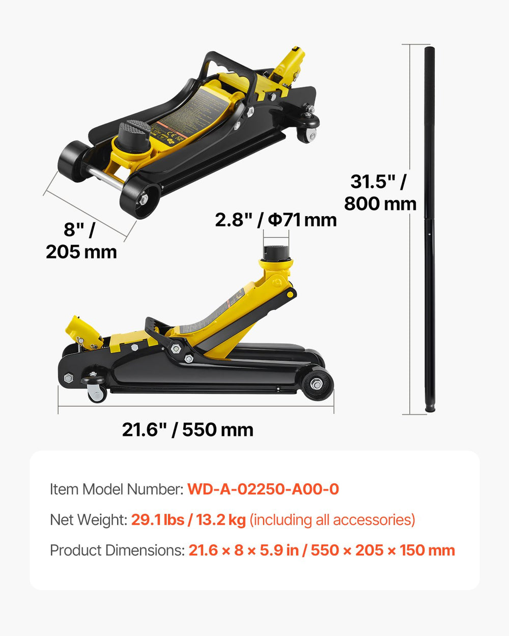 VEVOR Floor Jack, 2.5 Ton Low Profile Floor Jack, Heavy-duty Steel Racing Floor Jack With Single Piston Lift Pump, Floor Jack Lifting Range 85 mm-380 mm