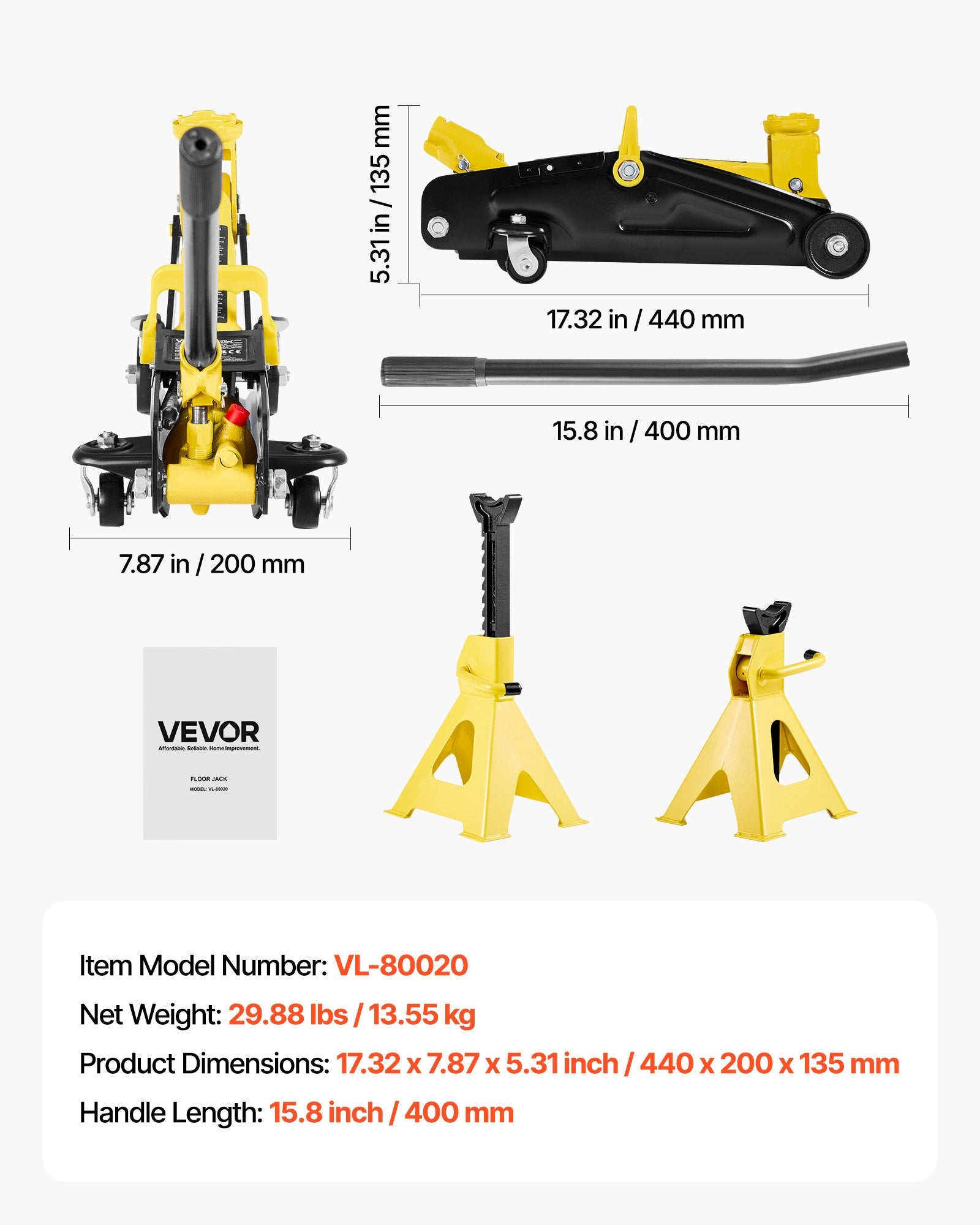 VEVOR Low Profile Floor Jack, 2 Ton Capacity, Steel Racing Floor Jack with Stands, Single Piston Quick Lift Pump, Hydraulic Trolley Car Lift for Sports Cars & Compact SUVs, Lifting Range 130-310 mm