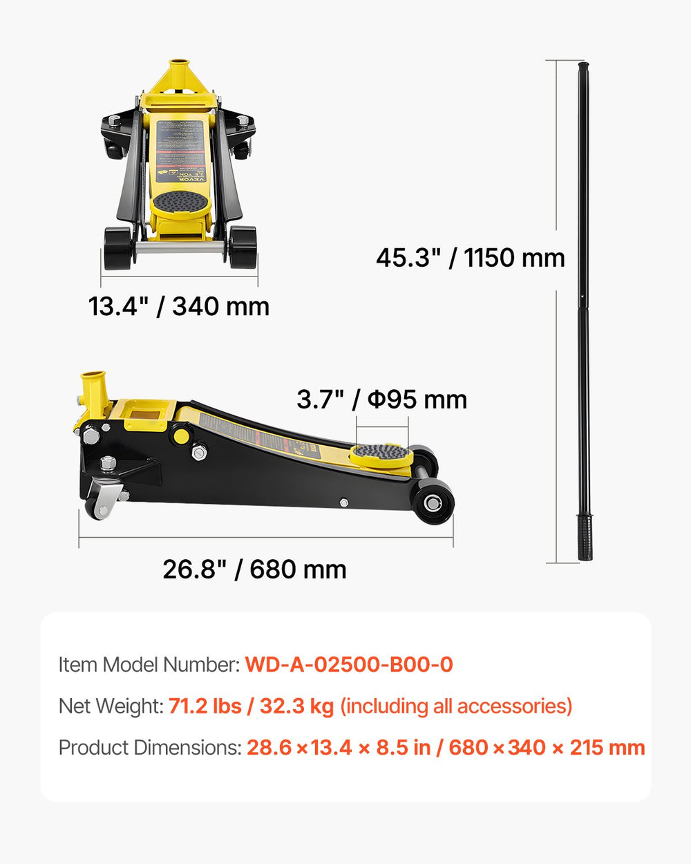 VEVOR Floor Jack, 2.5 Ton Low Profile Floor Jack, Heavy-duty Steel Racing Floor Jack with Dual Pistons Quick Lift Pump, Floor Jack Lifting Range 3.64"-19.49"