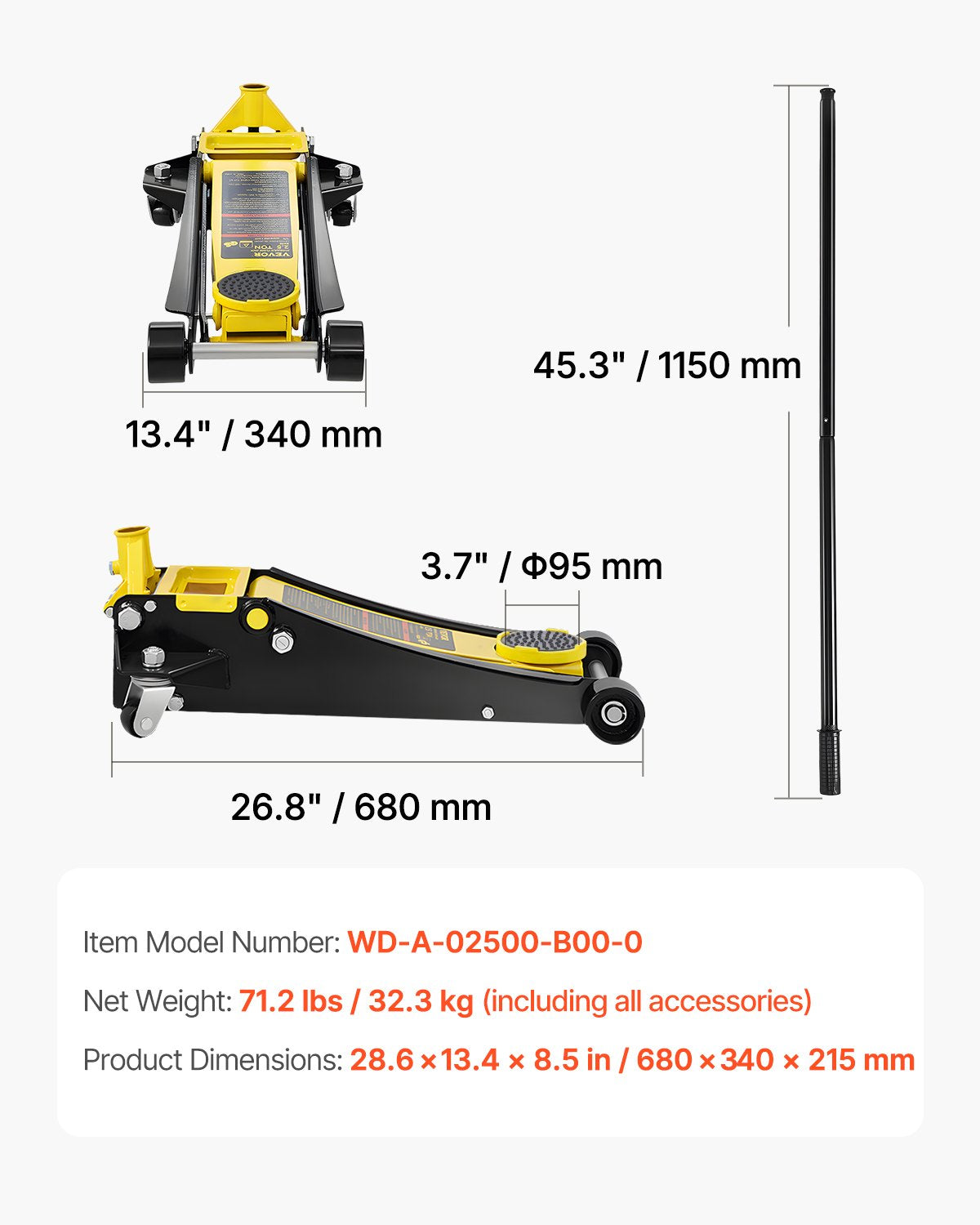VEVOR Floor Jack, 2.5 Ton Low Profile Floor Jack, Heavy-duty Steel Racing Floor Jack with Dual Pistons Quick Lift Pump, Floor Jack Lifting Range 3.64"-19.49"