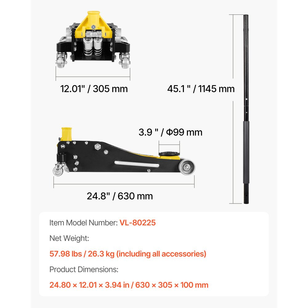 VEVOR Low Profile Floor Jack, 2.5 Ton Capacity, Aluminum & Steel Racing Floor Jack with Dual Pistons Quick Lift Pump, Hydraulic Trolley Car Lift for Sedans & Compact SUVs, Lifting Range 95-475 mm