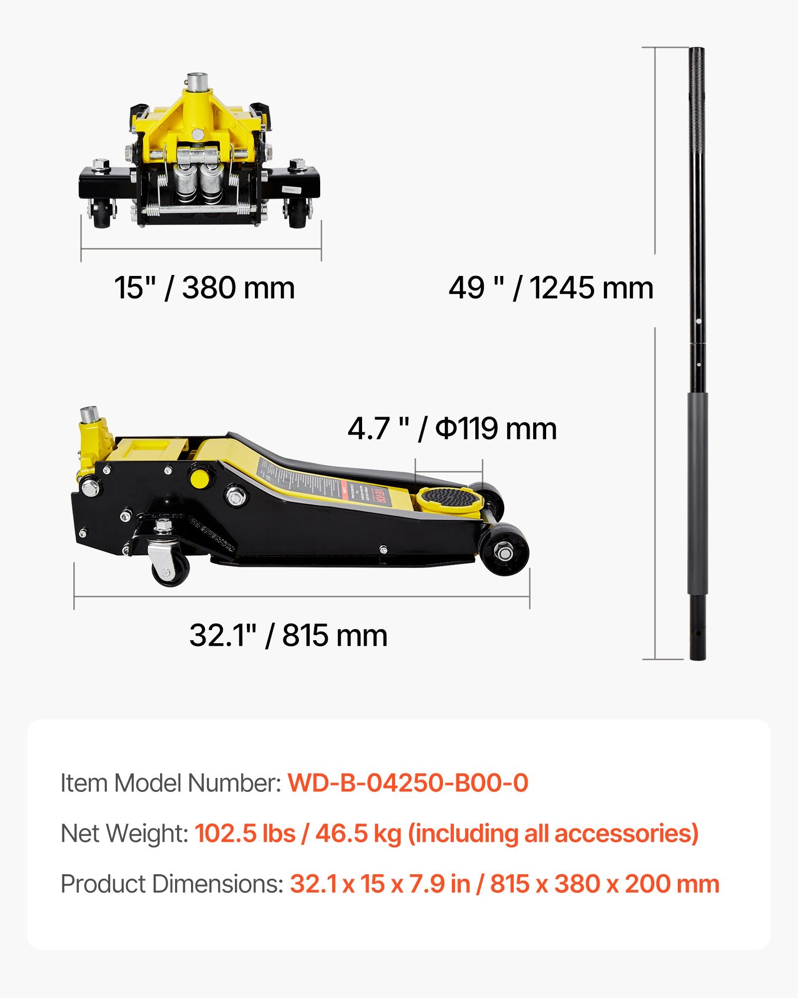VEVOR Low Profile Floor Jack, 4 Ton Capacity, Steel Racing Floor Jack with Dual Pistons Quick Lift Pump, Hydraulic Trolley Car Lift for Sport Utility Vehicle, Lifting Range 100-545 mm, Yellow & Black