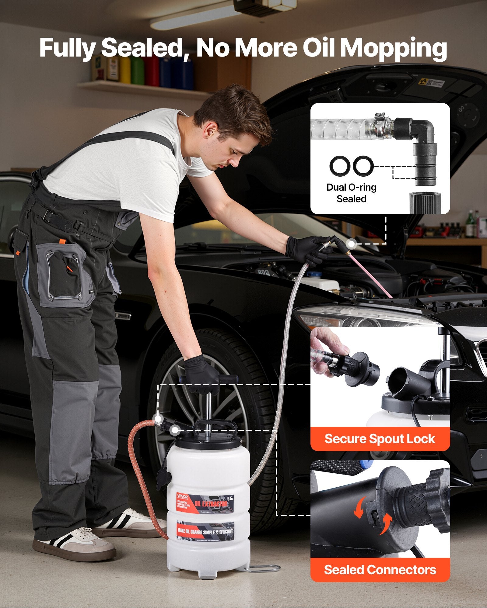 VEVOR Fluid Extractor, 9.5 L Capacity, Manual Vacuum Fluid Extractor with 150 cm Long Horse and Three 120 cm Extension Tubes, Oil Change Pump with HDPE Tank for Cars, Lawn Mowers, Boats