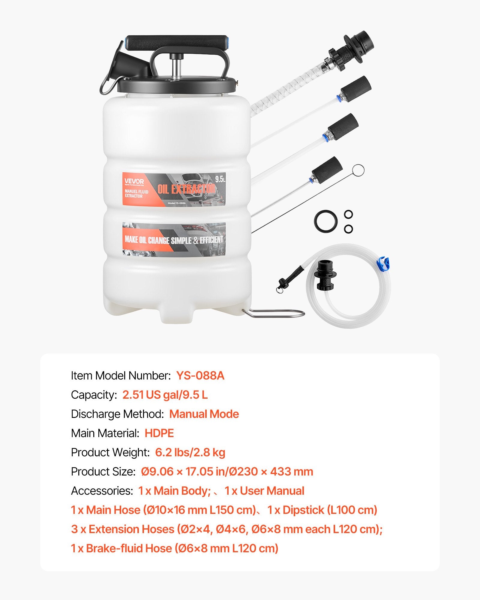 VEVOR Fluid Extractor, 9.5 L Capacity, Manual Vacuum Fluid Extractor with 150 cm Long Horse and Three 120 cm Extension Tubes, Oil Change Pump with HDPE Tank for Cars, Lawn Mowers, Boats