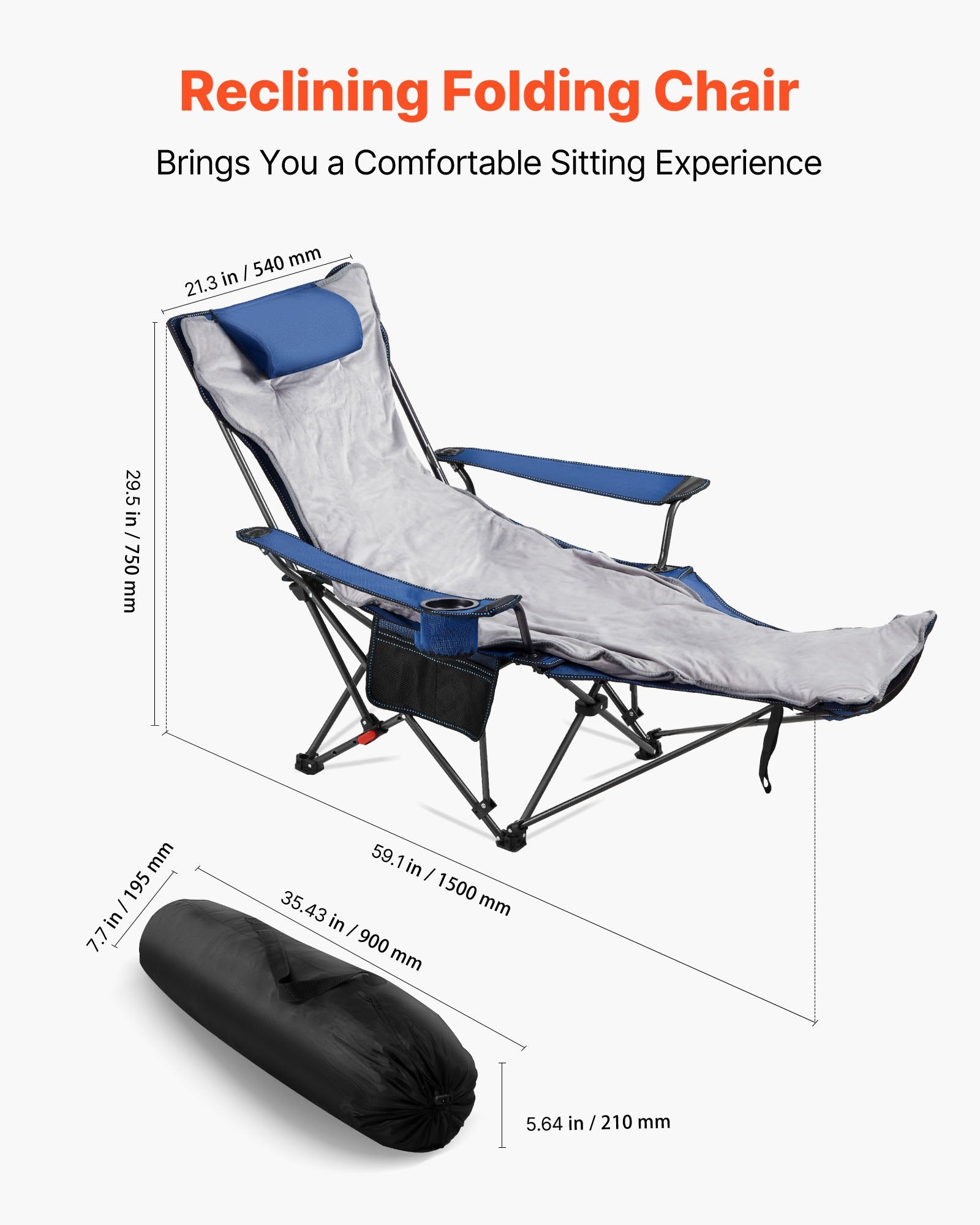 VEVOR Reclining Camping Chair, 4 Adjustable Positions, Portable Folding Lounger for Adults, Mesh Beach Chair with Footrest & Plush Cushion, Supports 220 lbs, Heavy Duty Camp Chairs for Patio, Blue
