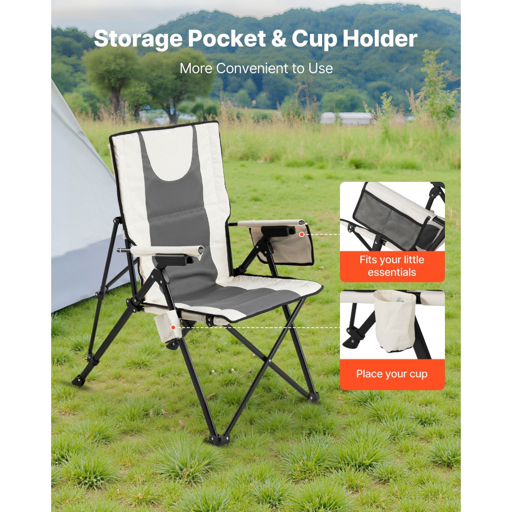 VEVOR Folding Camping Chair, 3 Reclining Positions, Outdoor High Back Camping Chair, 260lbs Weight Capacity, Full Padded Beach Chairs with Armrest & Headrest, Portable Lawn Chairs for Sports Travel