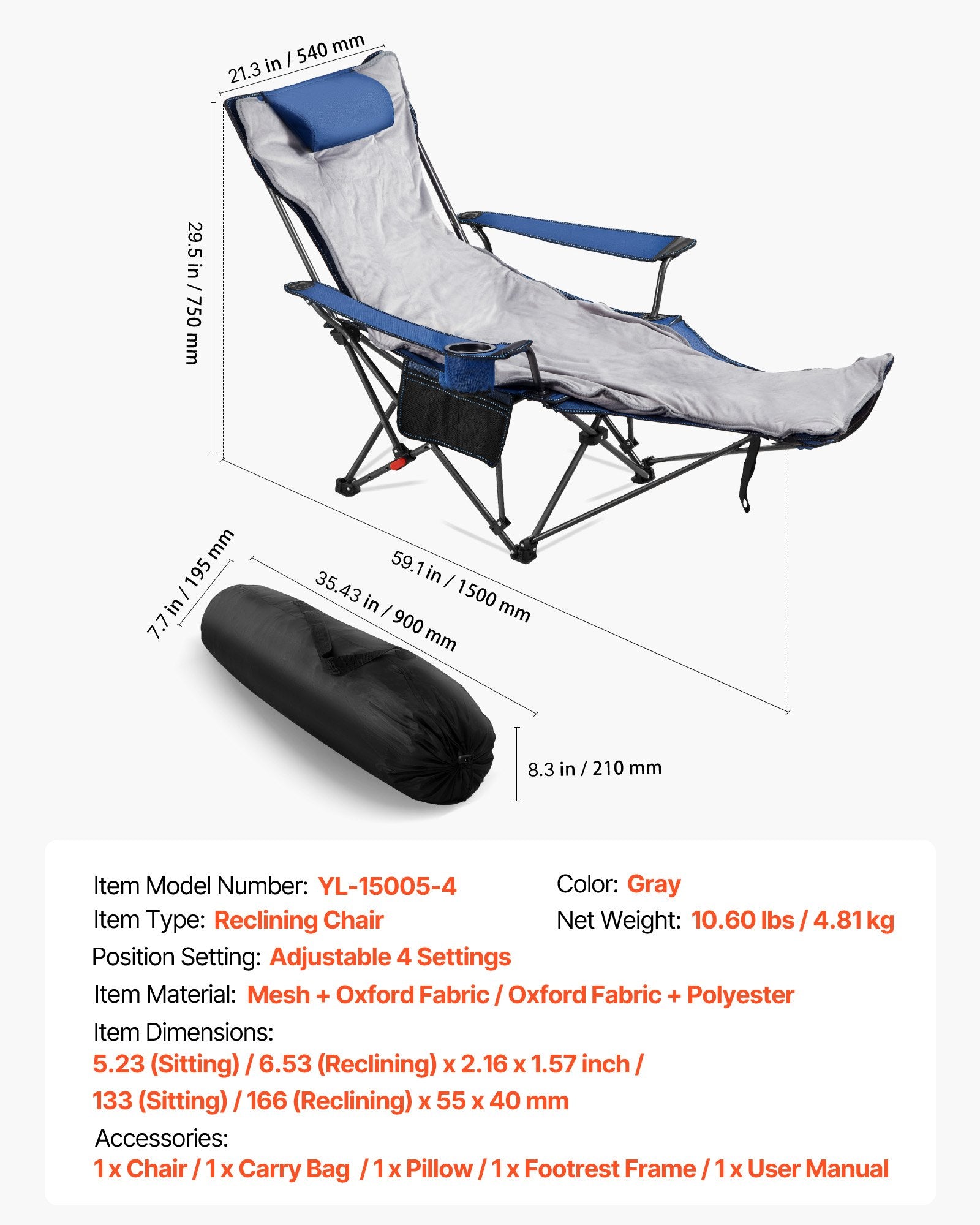 VEVOR Reclining Camping Chair, 4 Adjustable Positions, Portable Folding Lounger for Adults, Mesh Beach Chair with Footrest & Plush Cushion, Supports 220 lbs, Heavy Duty Camp Chairs for Patio, Blue