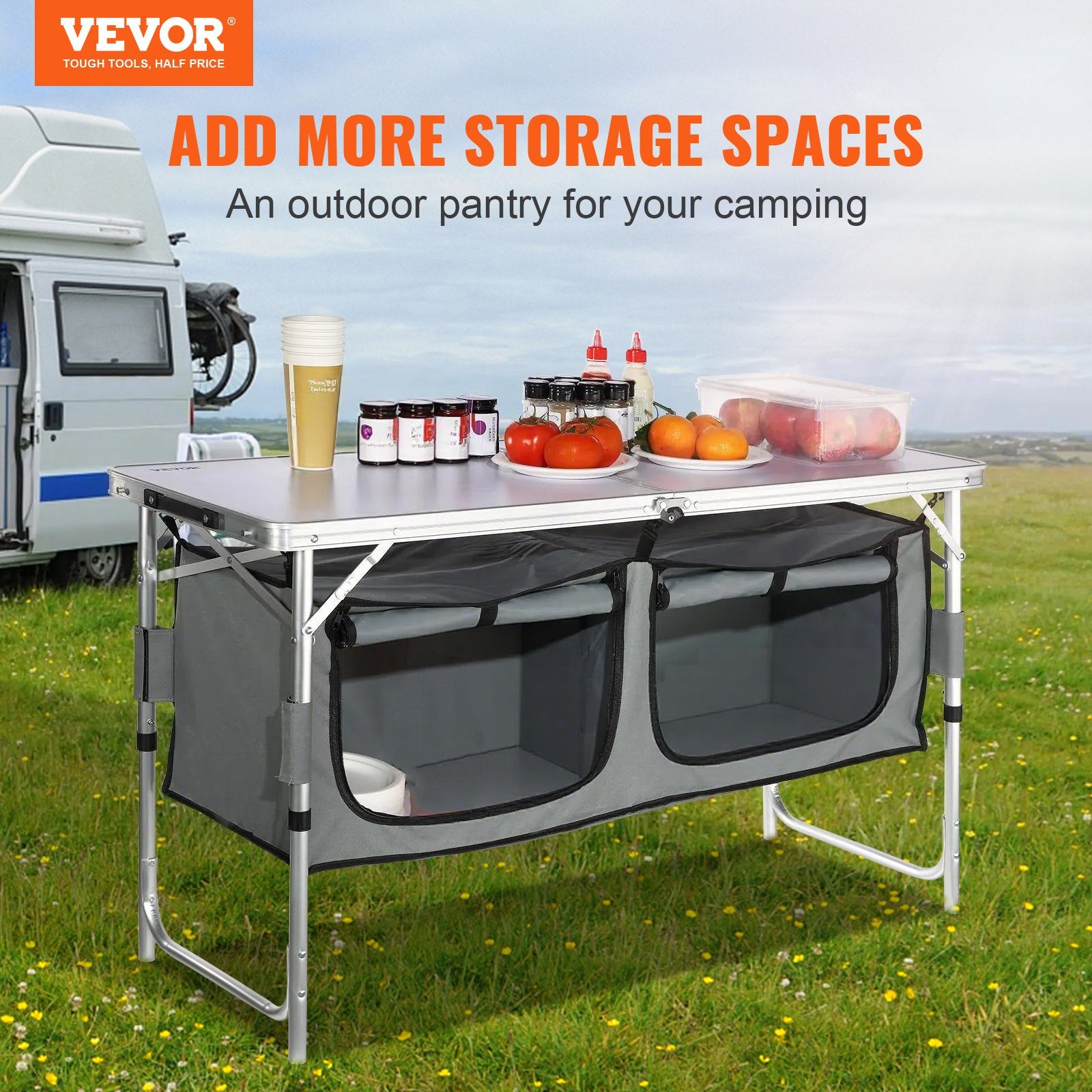VEVOR Camping Kitchen Table Folding Portable Cook Station 3 Adjustable Heights