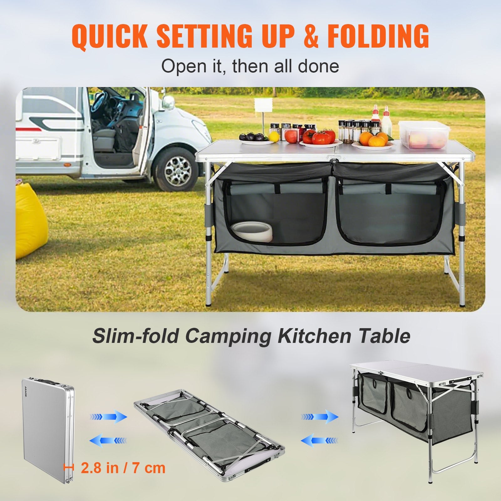 VEVOR Camping Kitchen Table Folding Portable Cook Station 3 Adjustable Heights