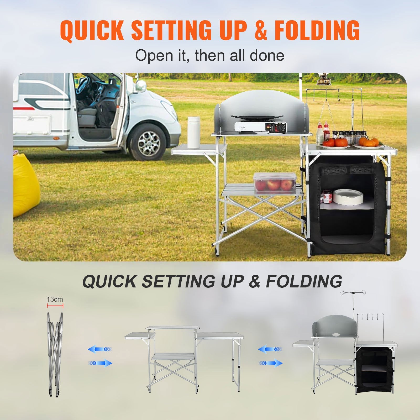 VEVOR Camping Kitchen Table Folding Portable Cook Table 1 Cupboard & Windscreen